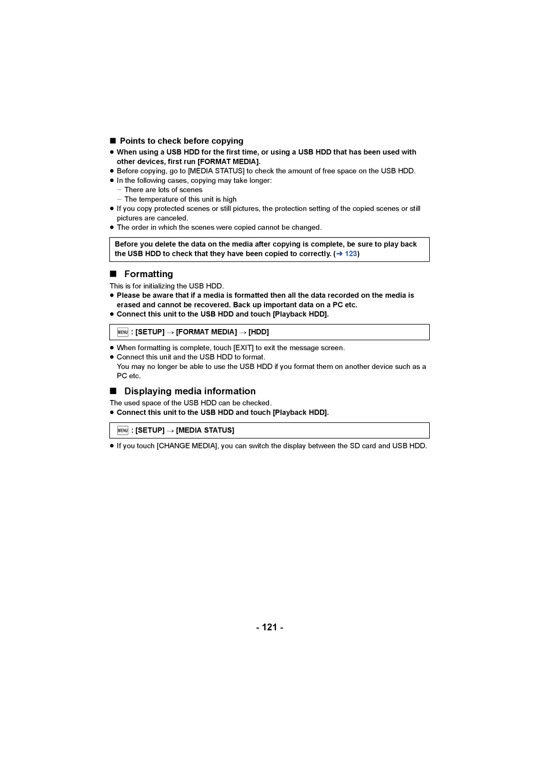 Panasonic HC-W850, HC-V750 owner manual Formatting, Displaying media information, 121, Points to check before copying 