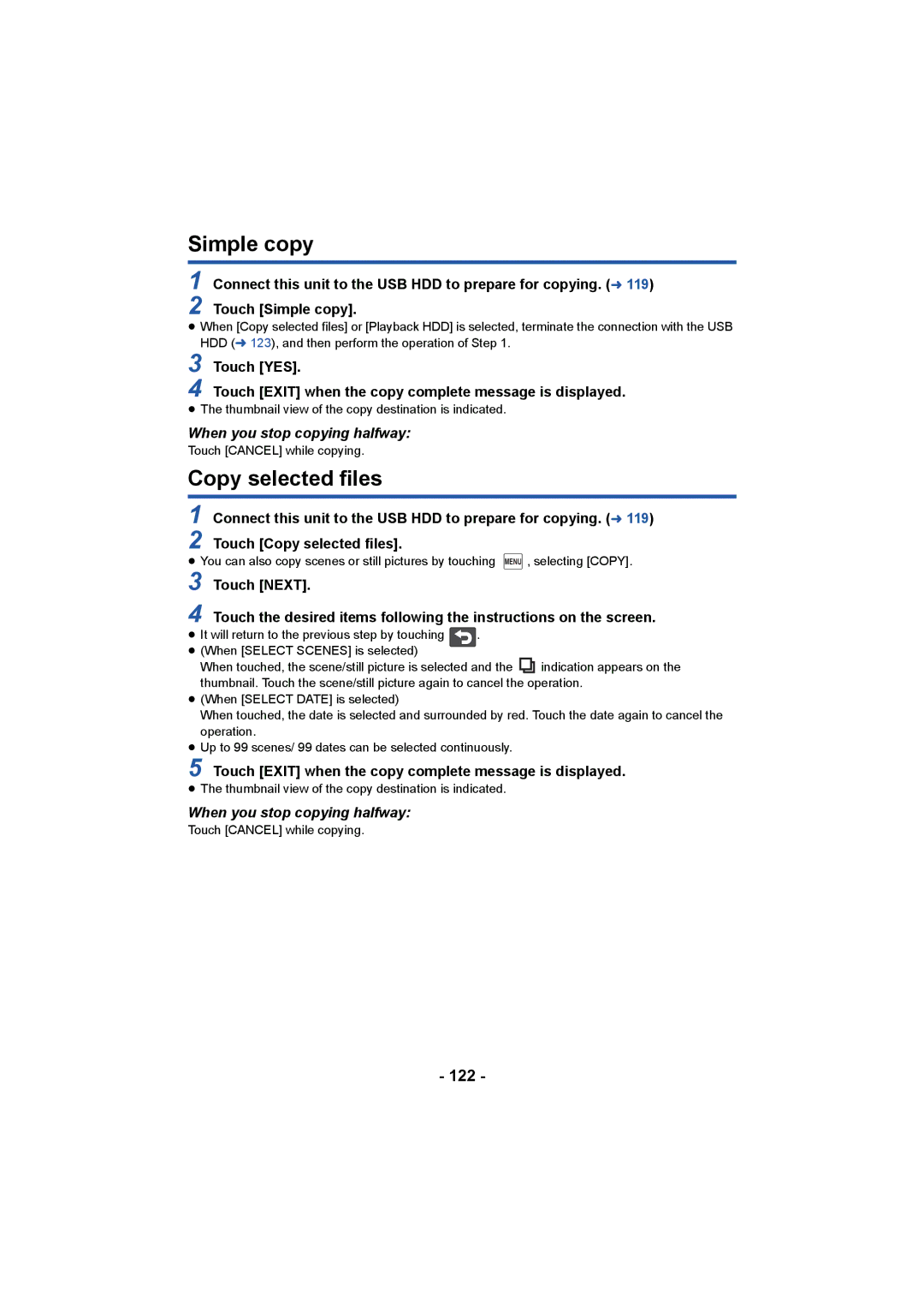 Panasonic HC-V750, HC-W850 owner manual Simple copy, Copy selected files, 122, When you stop copying halfway 