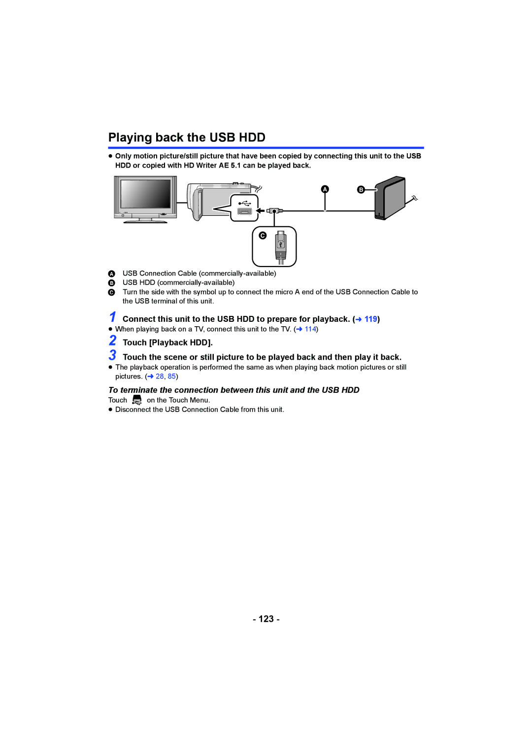 Panasonic HC-W850, HC-V750 Playing back the USB HDD, 123, Connect this unit to the USB HDD to prepare for playback. l 