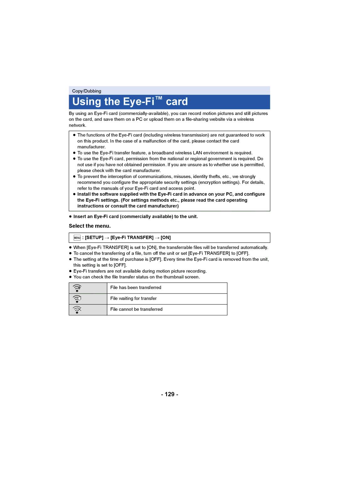 Panasonic HC-W850, HC-V750 owner manual Using the Eye-Ficard, 129, Menu Setup # Eye-Fi Transfer # on 