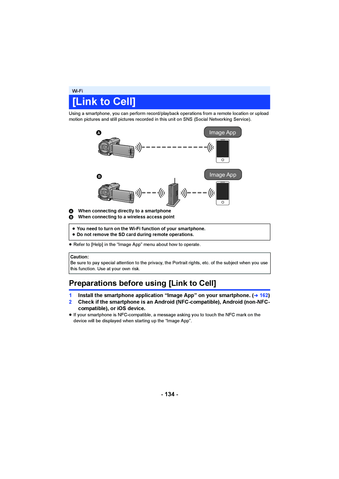 Panasonic HC-V750, HC-W850 owner manual Preparations before using Link to Cell, 134 