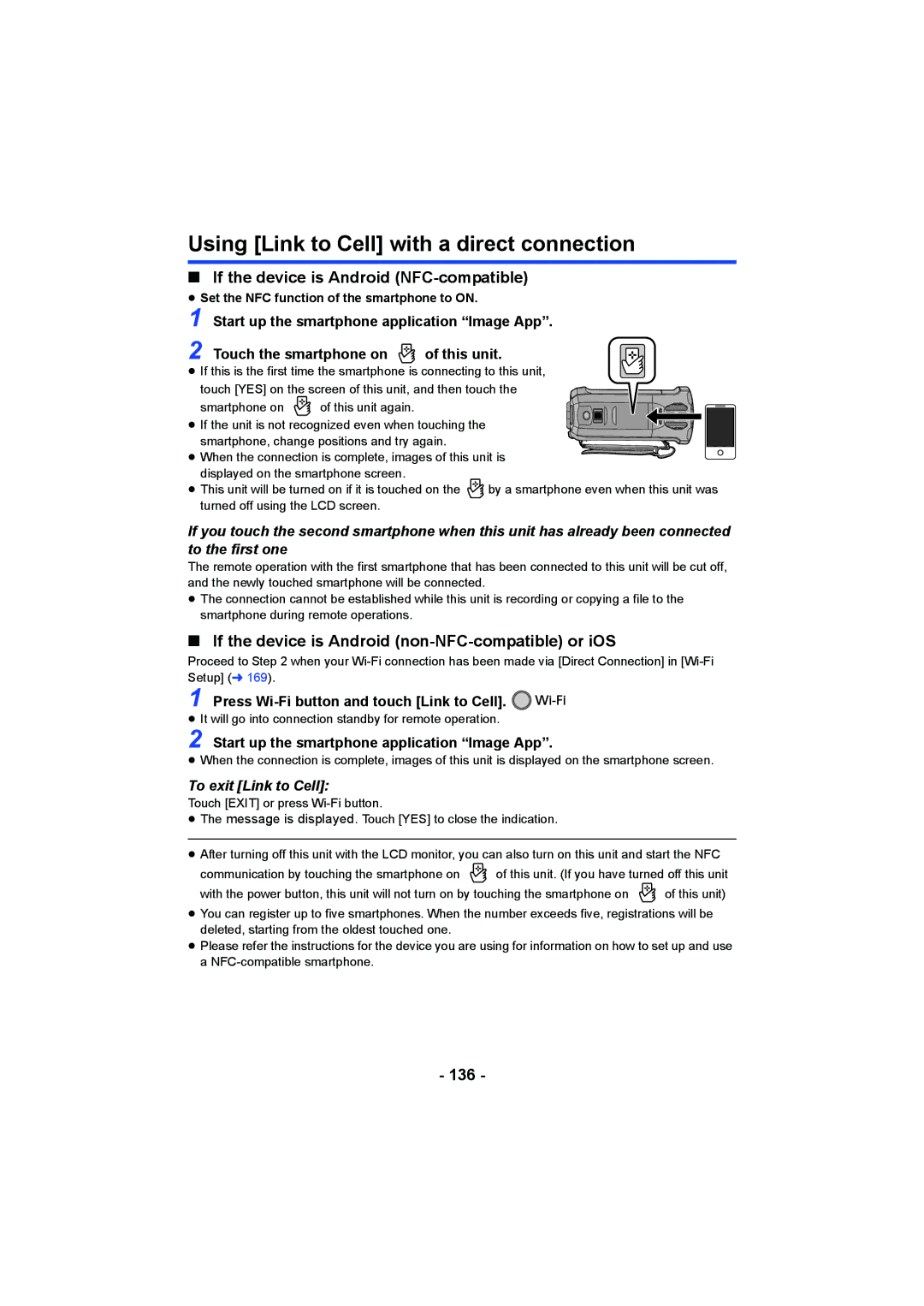 Panasonic HC-V750, HC-W850 Using Link to Cell with a direct connection, 136, Press Wi-Fi button and touch Link to Cell 