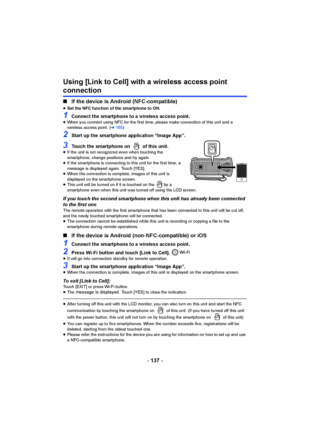 Panasonic HC-W850, HC-V750 owner manual Using Link to Cell with a wireless access point connection, 137 