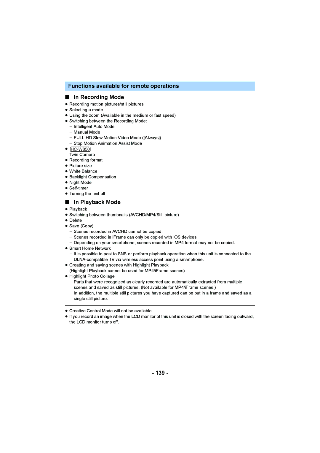 Panasonic HC-W850, HC-V750 owner manual Functions available for remote operations Recording Mode, Playback Mode, 139 