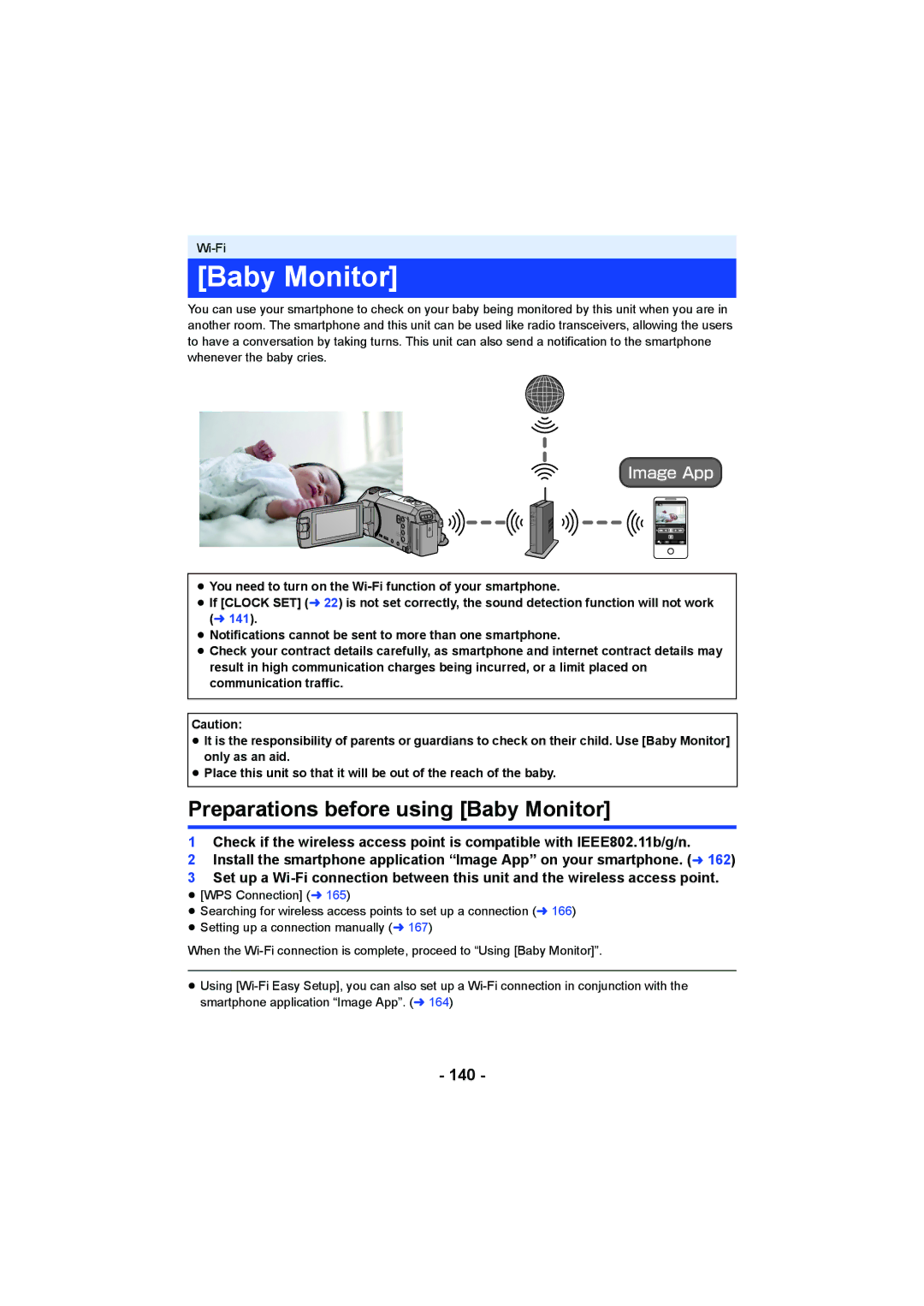 Panasonic HC-V750, HC-W850 owner manual Preparations before using Baby Monitor, 140 