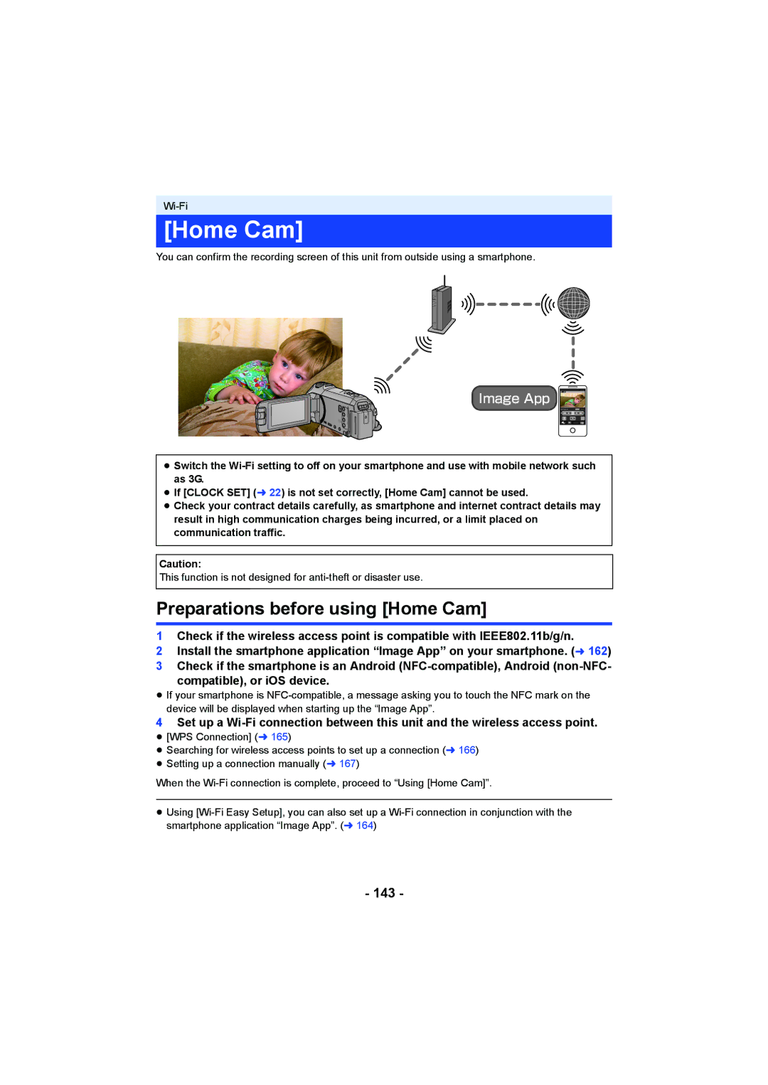 Panasonic HC-W850, HC-V750 owner manual Preparations before using Home Cam, 143 