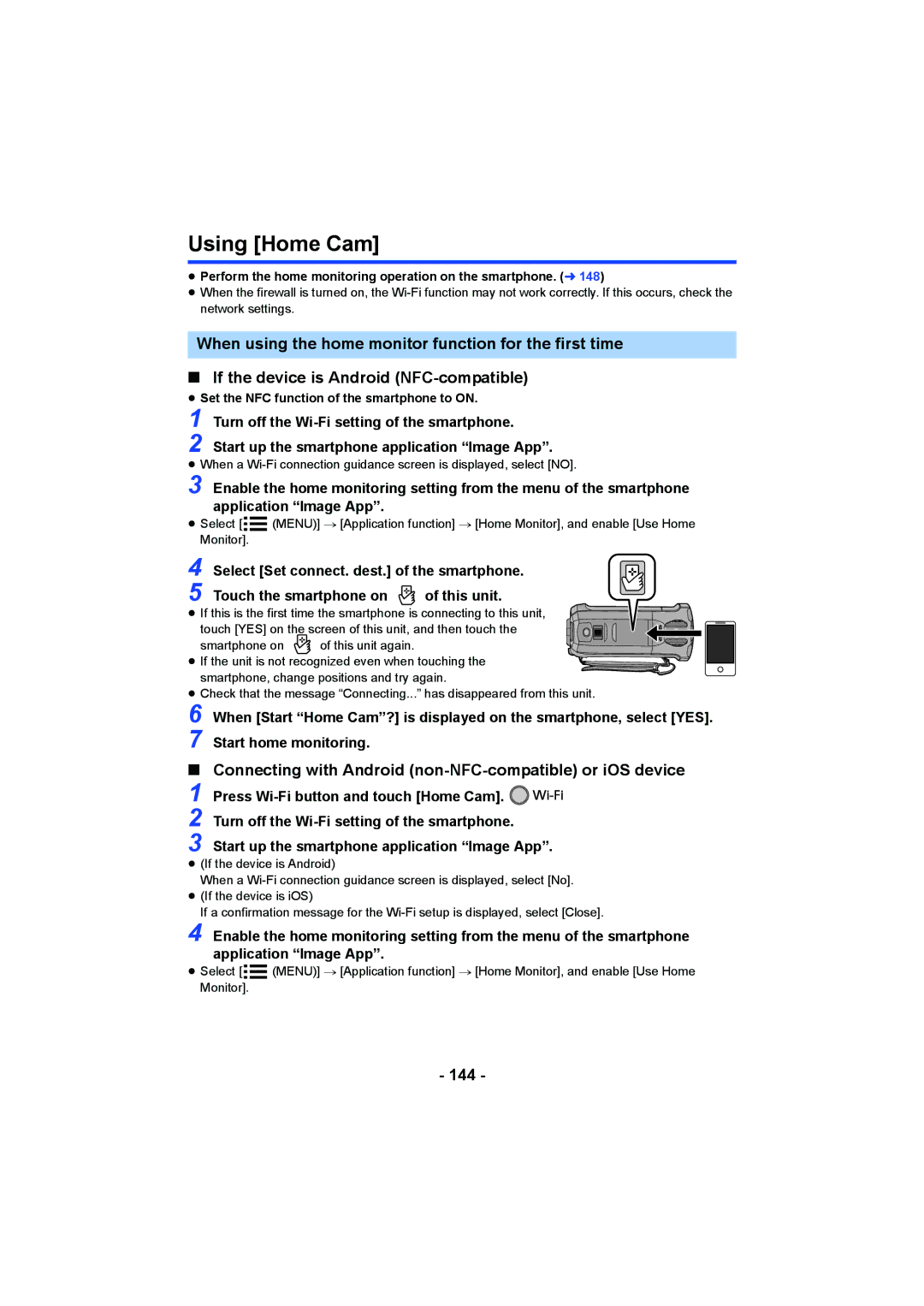 Panasonic HC-V750, HC-W850 owner manual Using Home Cam, Connecting with Android non-NFC-compatible or iOS device, 144 