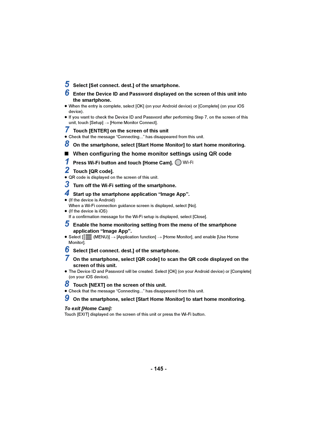 Panasonic HC-W850, HC-V750 owner manual When configuring the home monitor settings using QR code, 145, To exit Home Cam 