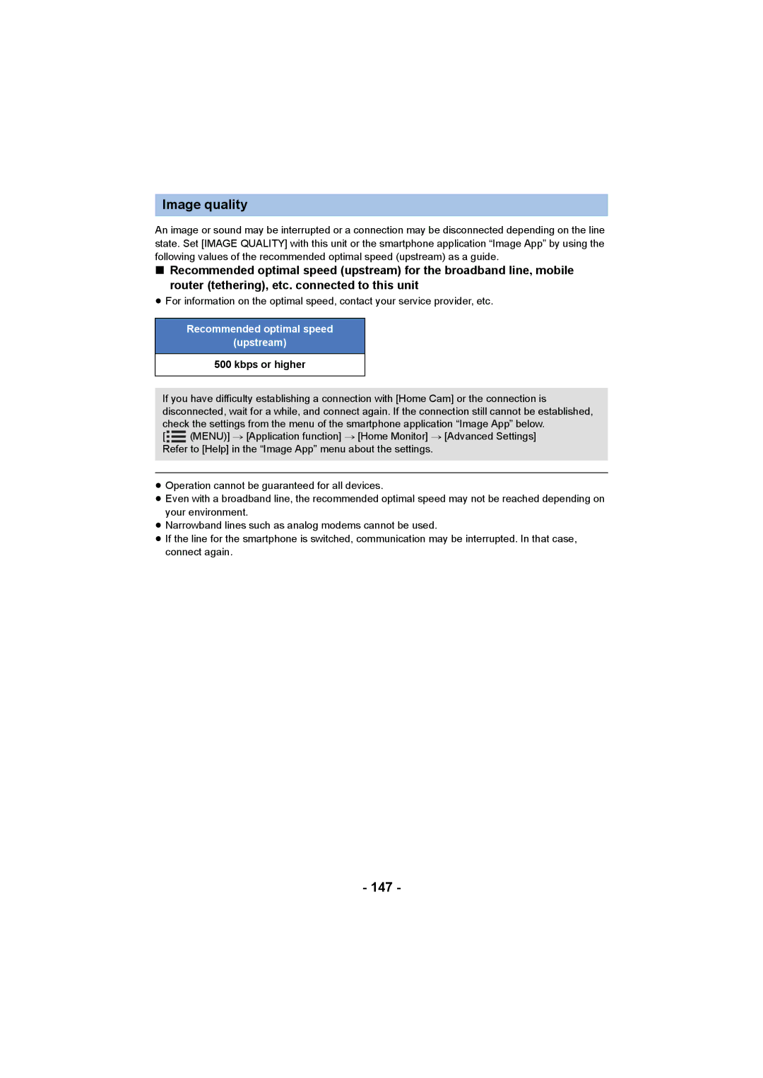 Panasonic HC-W850, HC-V750 owner manual Image quality, 147, Recommended optimal speed Upstream, Kbps or higher 