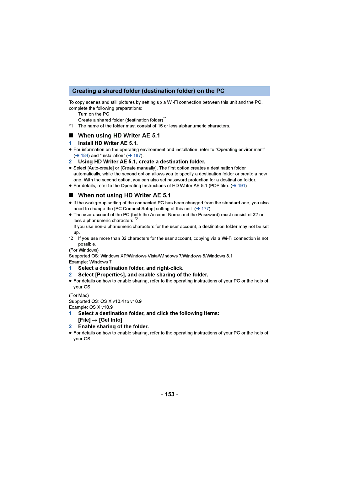 Panasonic HC-W850, HC-V750 owner manual Creating a shared folder destination folder on the PC, When using HD Writer AE, 153 