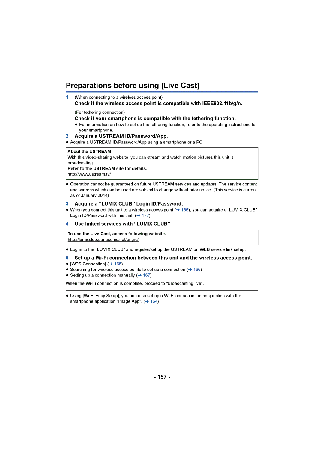 Panasonic HC-W850, HC-V750 owner manual Preparations before using Live Cast, 157, Acquire a Ustream ID/Password/App 