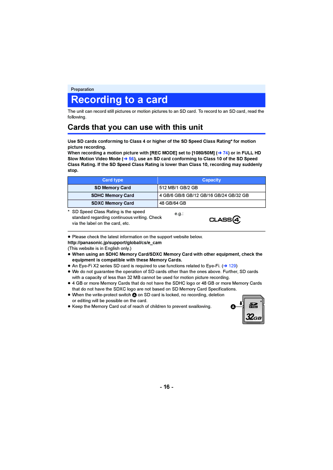 Panasonic HC-V750, HC-W850 owner manual Recording to a card, Cards that you can use with this unit, Card type Capacity 