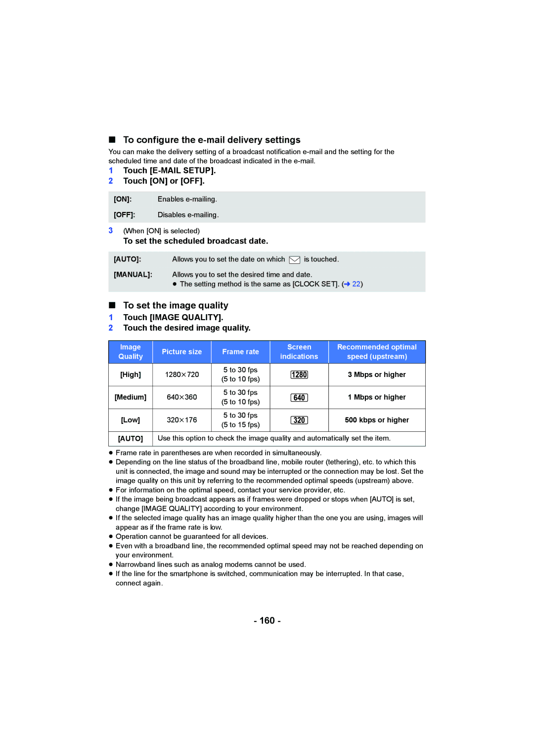 Panasonic HC-V750, HC-W850 owner manual To configure the e-mail delivery settings, To set the image quality, 160 