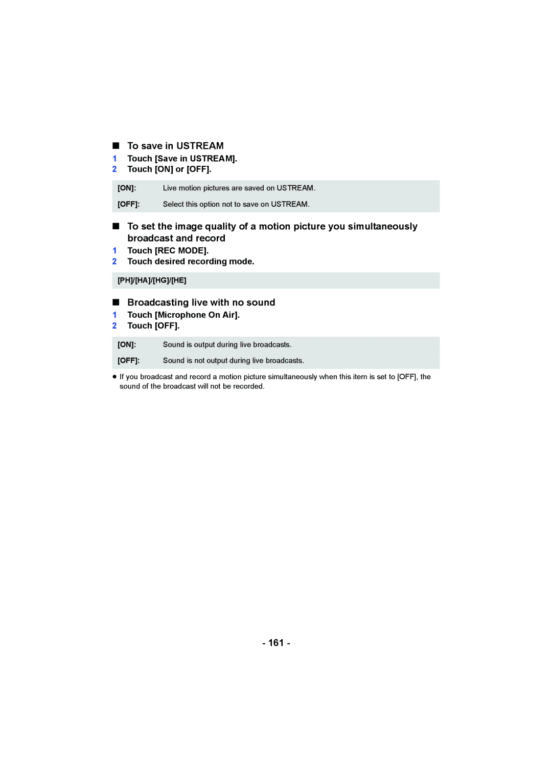 Panasonic HC-W850, HC-V750 owner manual To save in Ustream, Broadcasting live with no sound, 161 