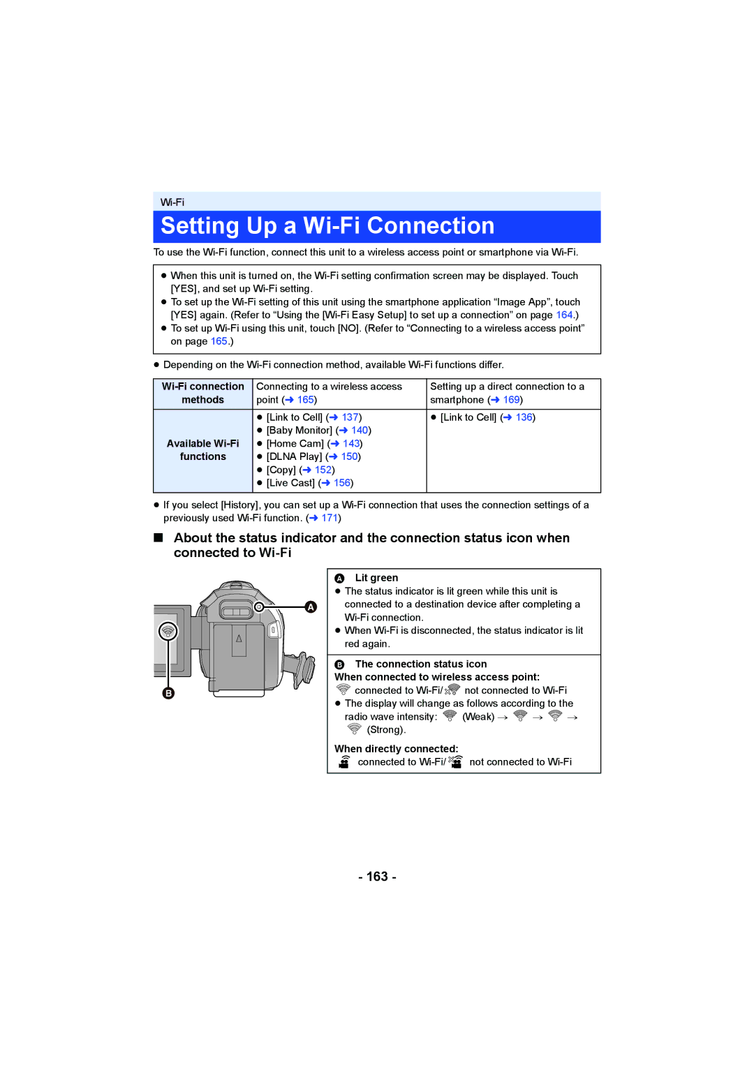 Panasonic HC-W850, HC-V750 owner manual Setting Up a Wi-Fi Connection, 163 