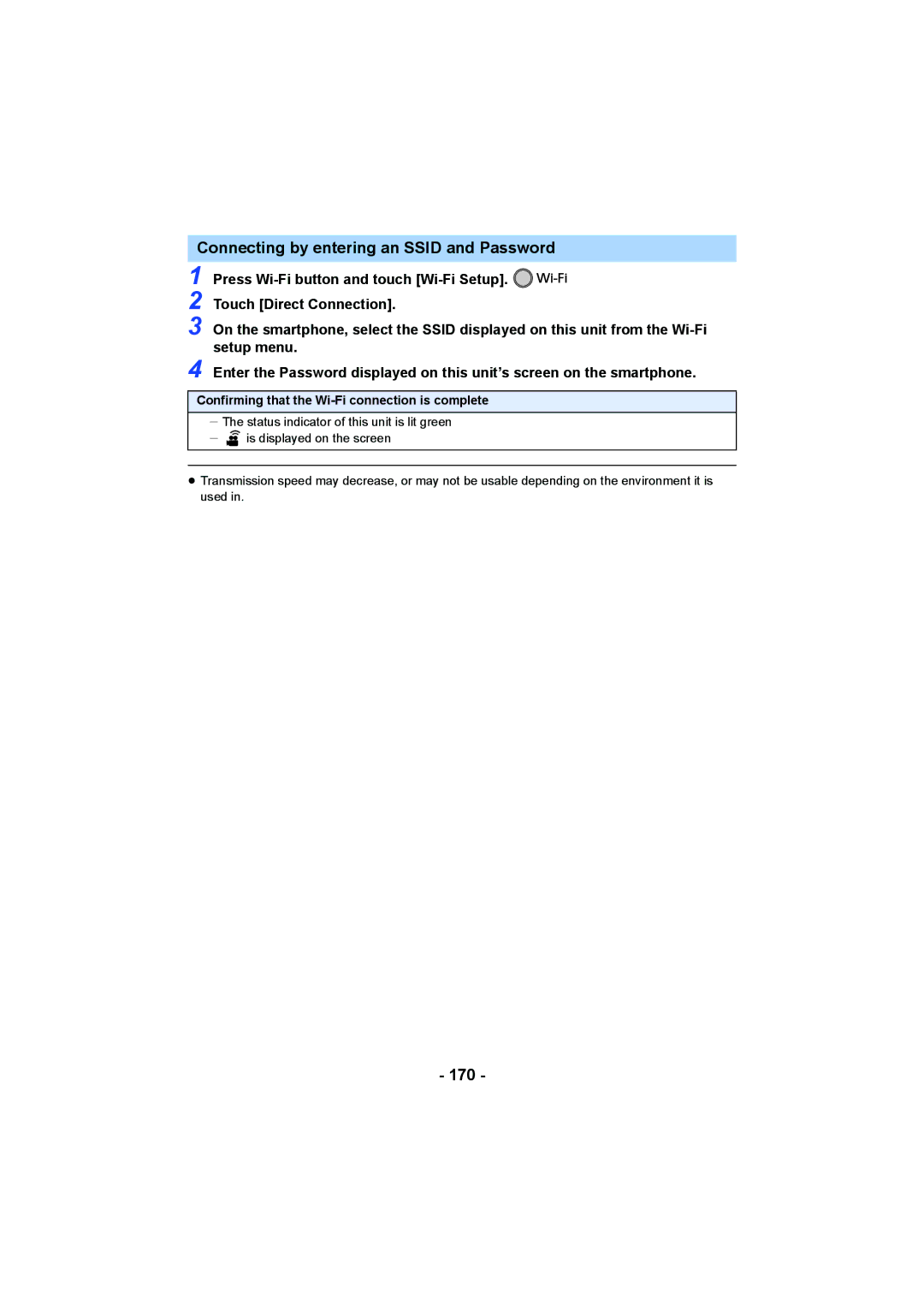 Panasonic HC-V750, HC-W850 owner manual Connecting by entering an Ssid and Password, 170 