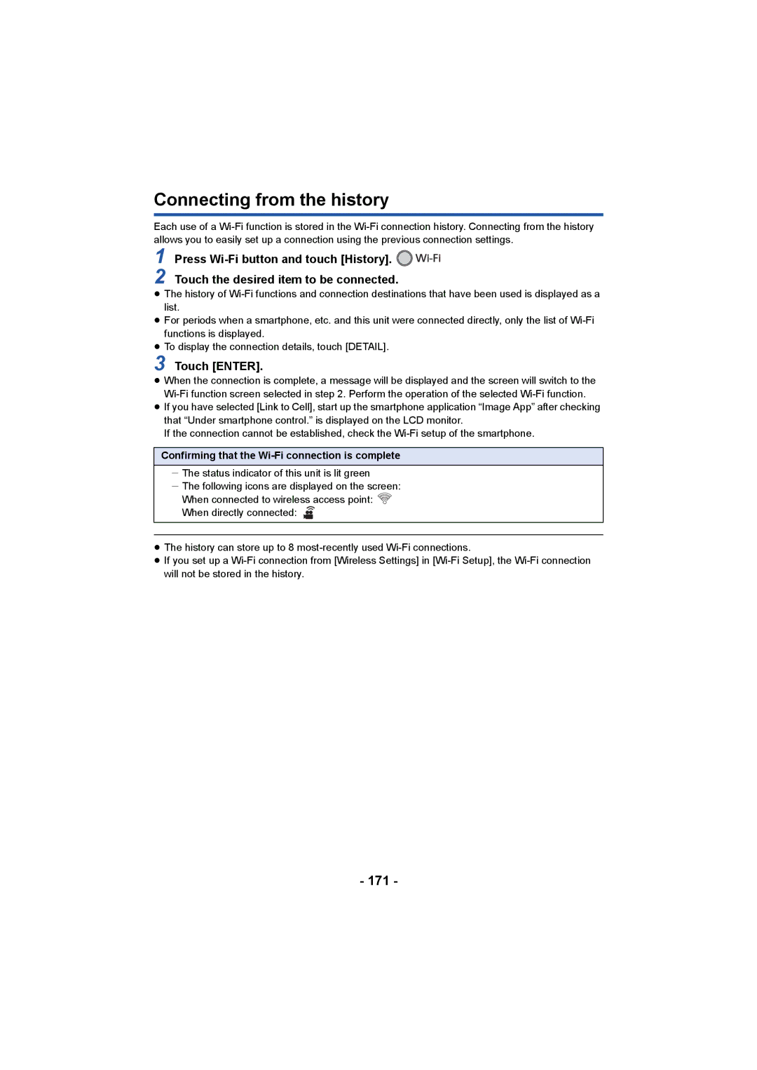 Panasonic HC-W850, HC-V750 owner manual Connecting from the history, 171 