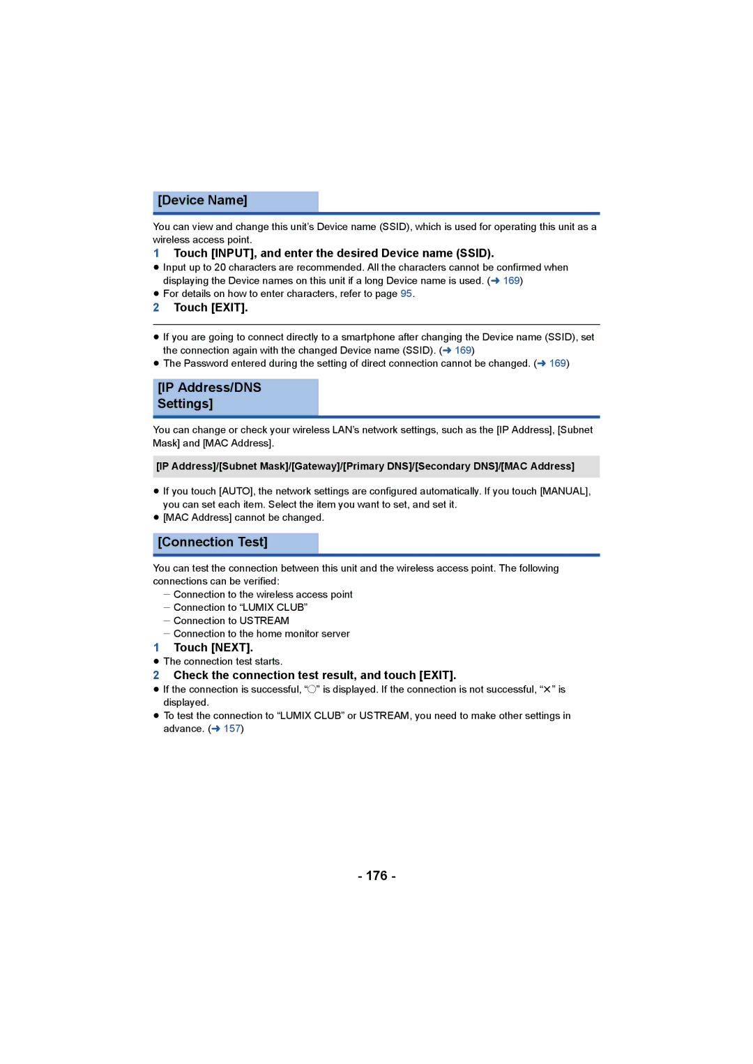 Panasonic HC-V750, HC-W850 owner manual Device Name, IP Address/DNS Settings, Connection Test, 176 