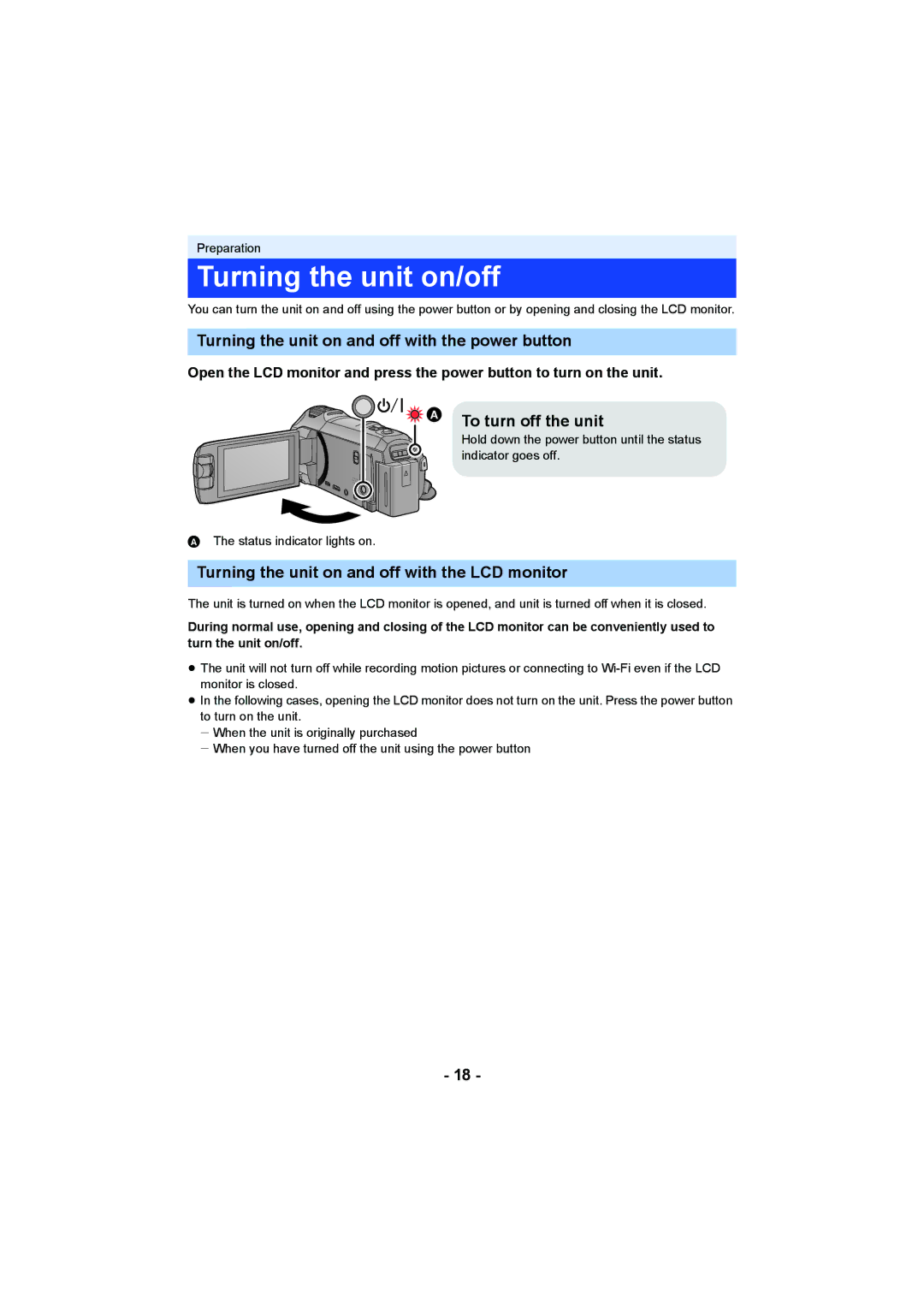 Panasonic HC-V750 Turning the unit on/off, Turning the unit on and off with the power button,  To turn off the unit 