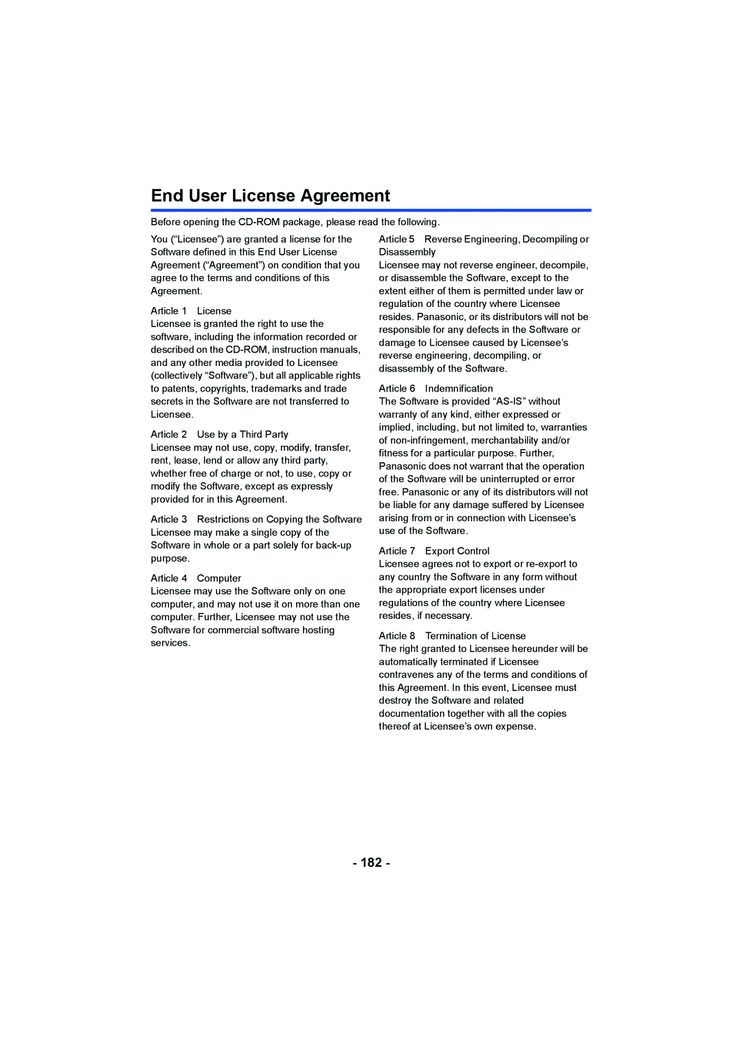 Panasonic HC-V750, HC-W850 owner manual End User License Agreement, 182 