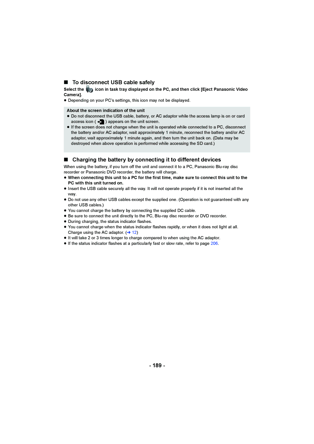 Panasonic HC-W850, HC-V750 To disconnect USB cable safely, Charging the battery by connecting it to different devices, 189 