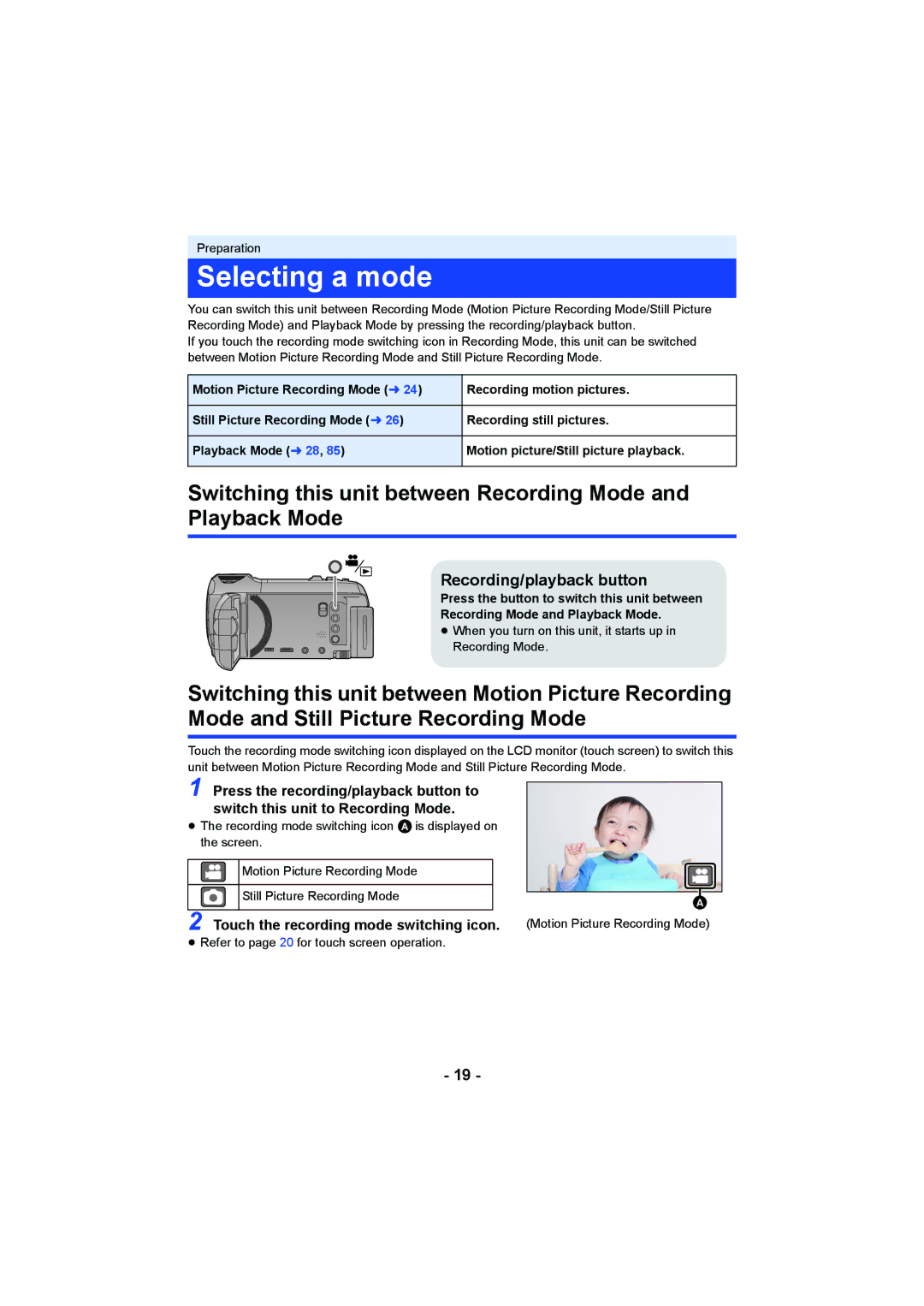 Panasonic HC-W850, HC-V750 owner manual Selecting a mode, Recording/playback button, Touch the recording mode switching icon 