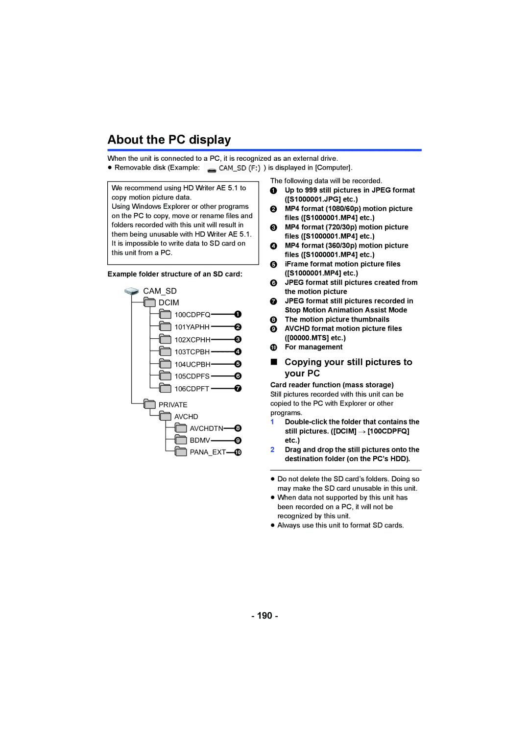 Panasonic HC-V750, HC-W850 owner manual About the PC display, Copying your still pictures to Your PC, 190 