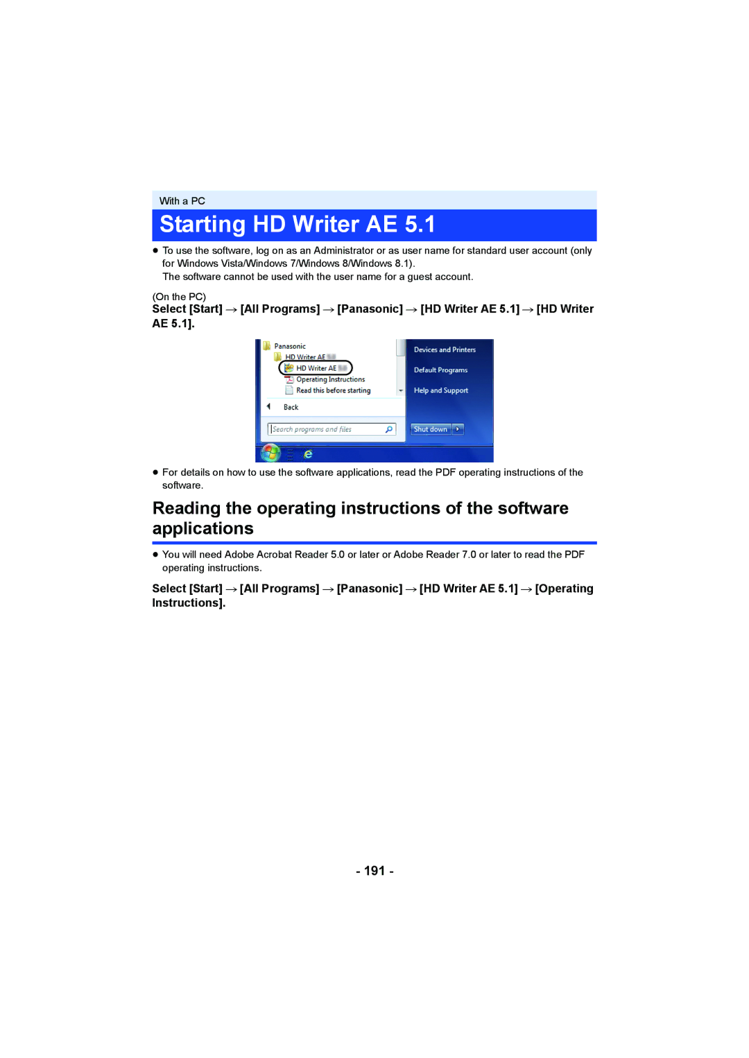 Panasonic HC-W850, HC-V750 owner manual Starting HD Writer AE, 191 