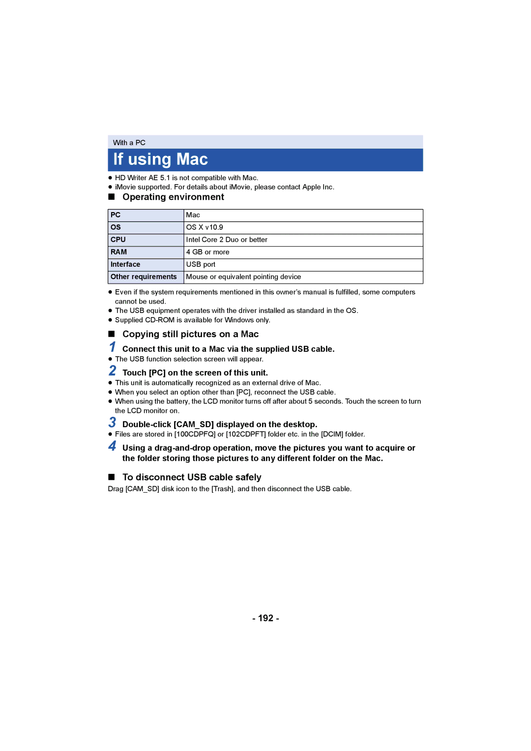 Panasonic HC-V750, HC-W850 owner manual If using Mac, Operating environment, Copying still pictures on a Mac, 192 