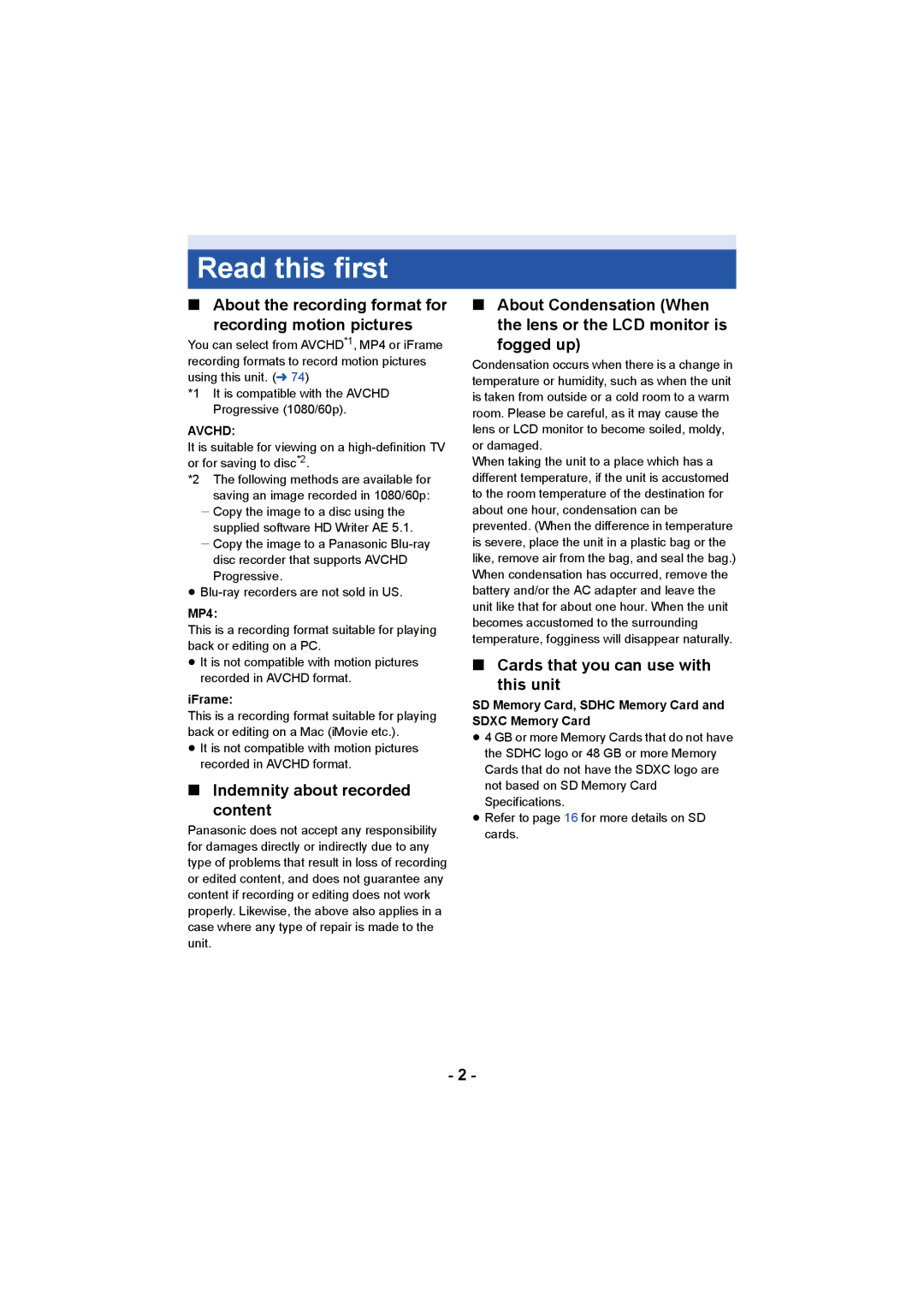 Panasonic HC-V750, HC-W850 owner manual Read this first, About the recording format for Recording motion pictures, Avchd 