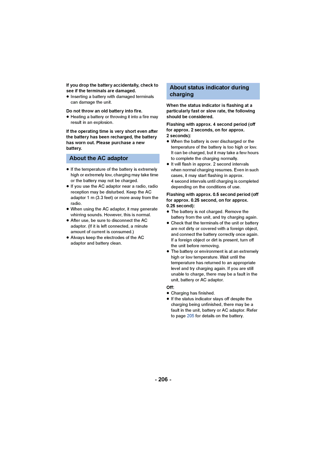 Panasonic HC-V750 About the AC adaptor, About status indicator during charging, 206, Do not throw an old battery into fire 