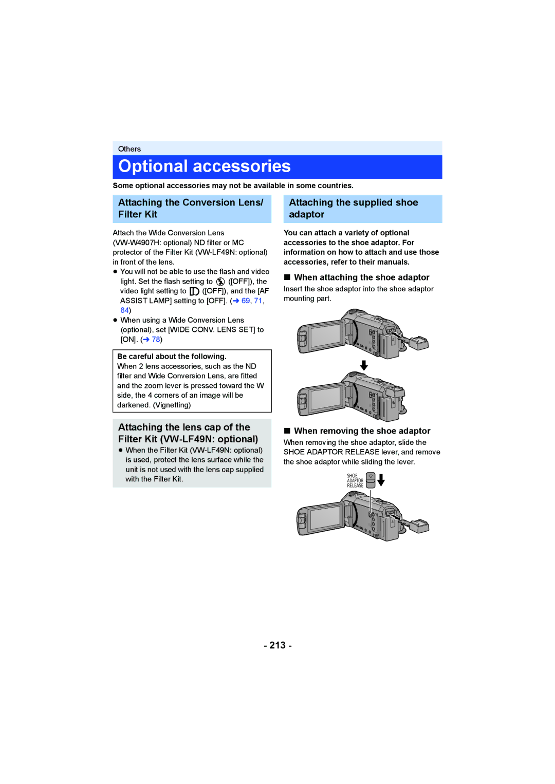 Panasonic HC-W850 Optional accessories, Attaching the Conversion Lens/ Filter Kit, Attaching the supplied shoe adaptor 