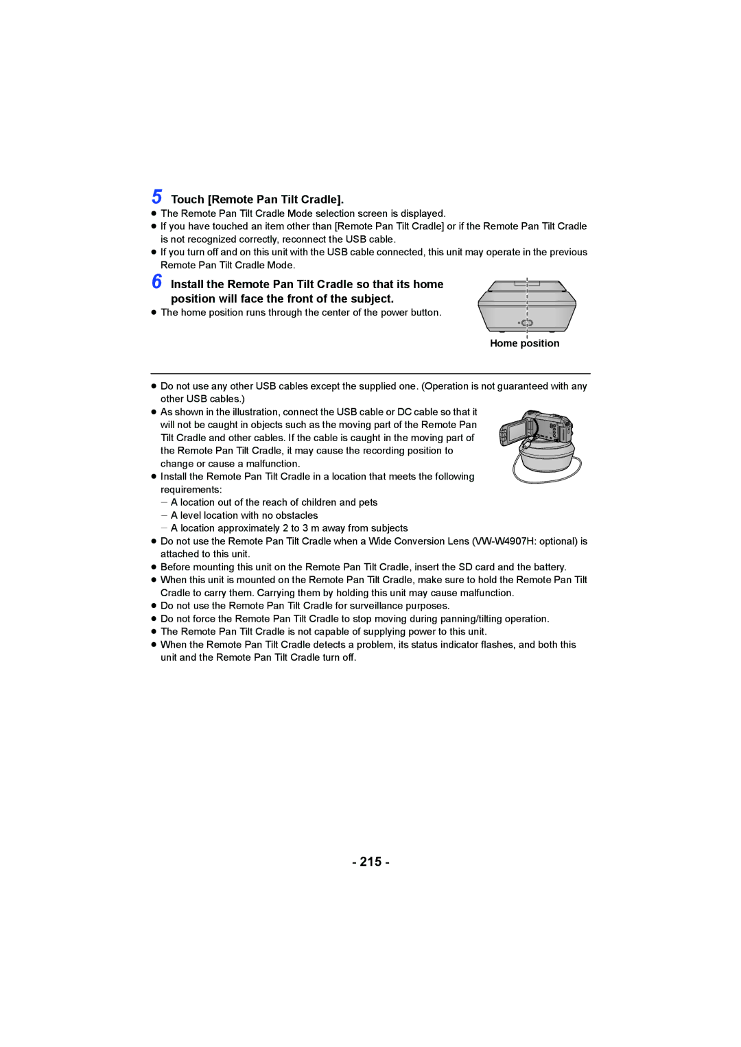 Panasonic HC-W850, HC-V750 owner manual 215, Touch Remote Pan Tilt Cradle, Home position 