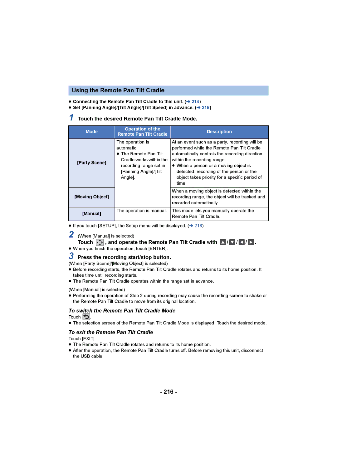 Panasonic HC-V750, HC-W850 owner manual Using the Remote Pan Tilt Cradle, 216, To switch the Remote Pan Tilt Cradle Mode 