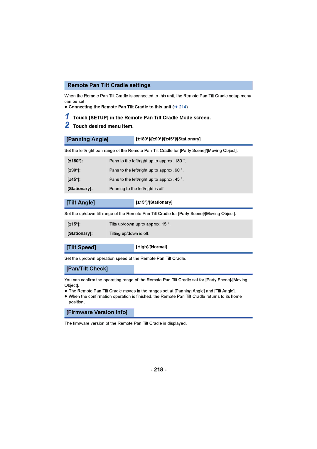 Panasonic HC-V750, HC-W850 Remote Pan Tilt Cradle settings, Panning Angle, Tilt Angle, Tilt Speed, Pan/Tilt Check, 218 