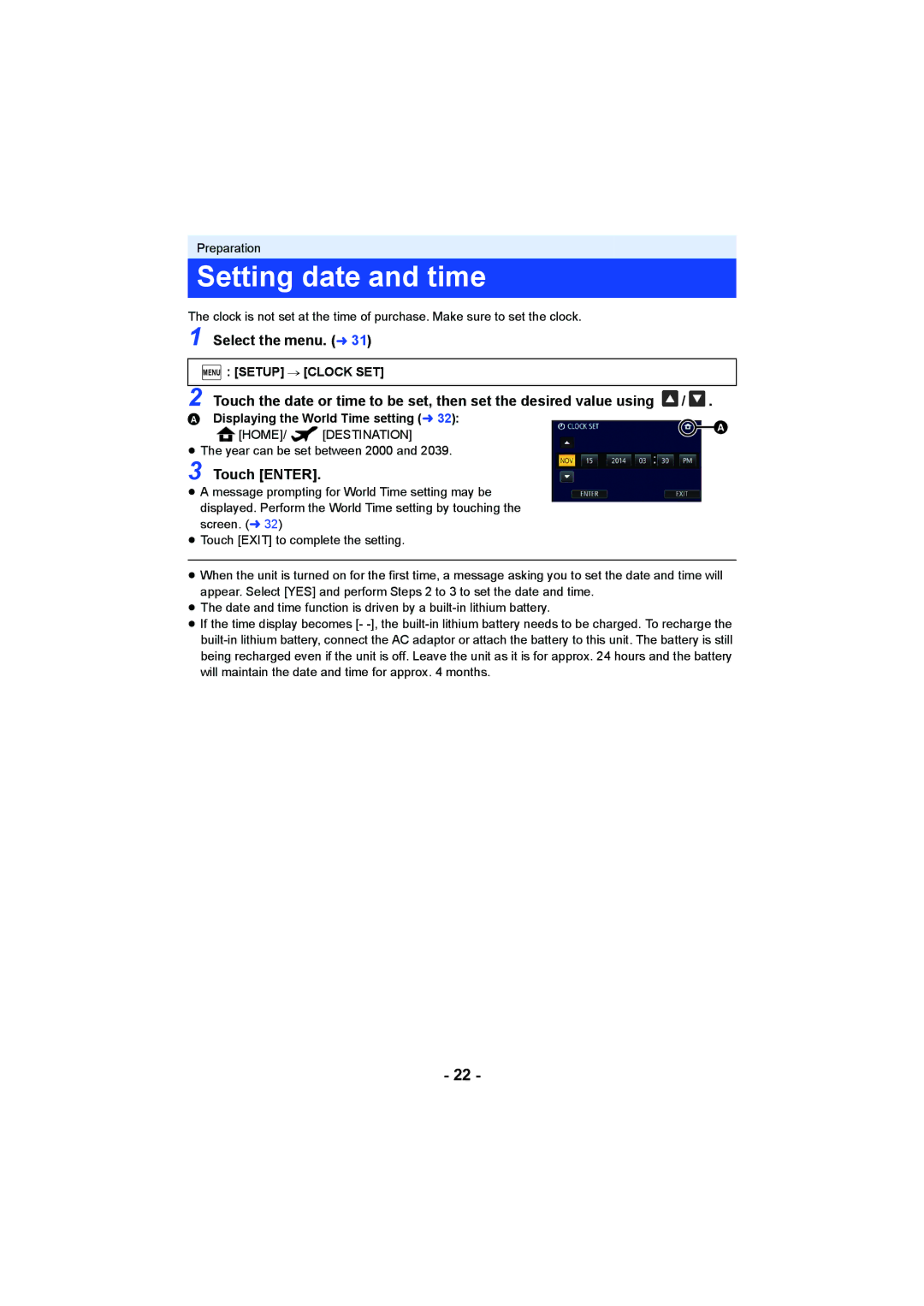 Panasonic HC-V750, HC-W850 owner manual Setting date and time, Select the menu. l, Touch Enter, Menu Setup # Clock SET 