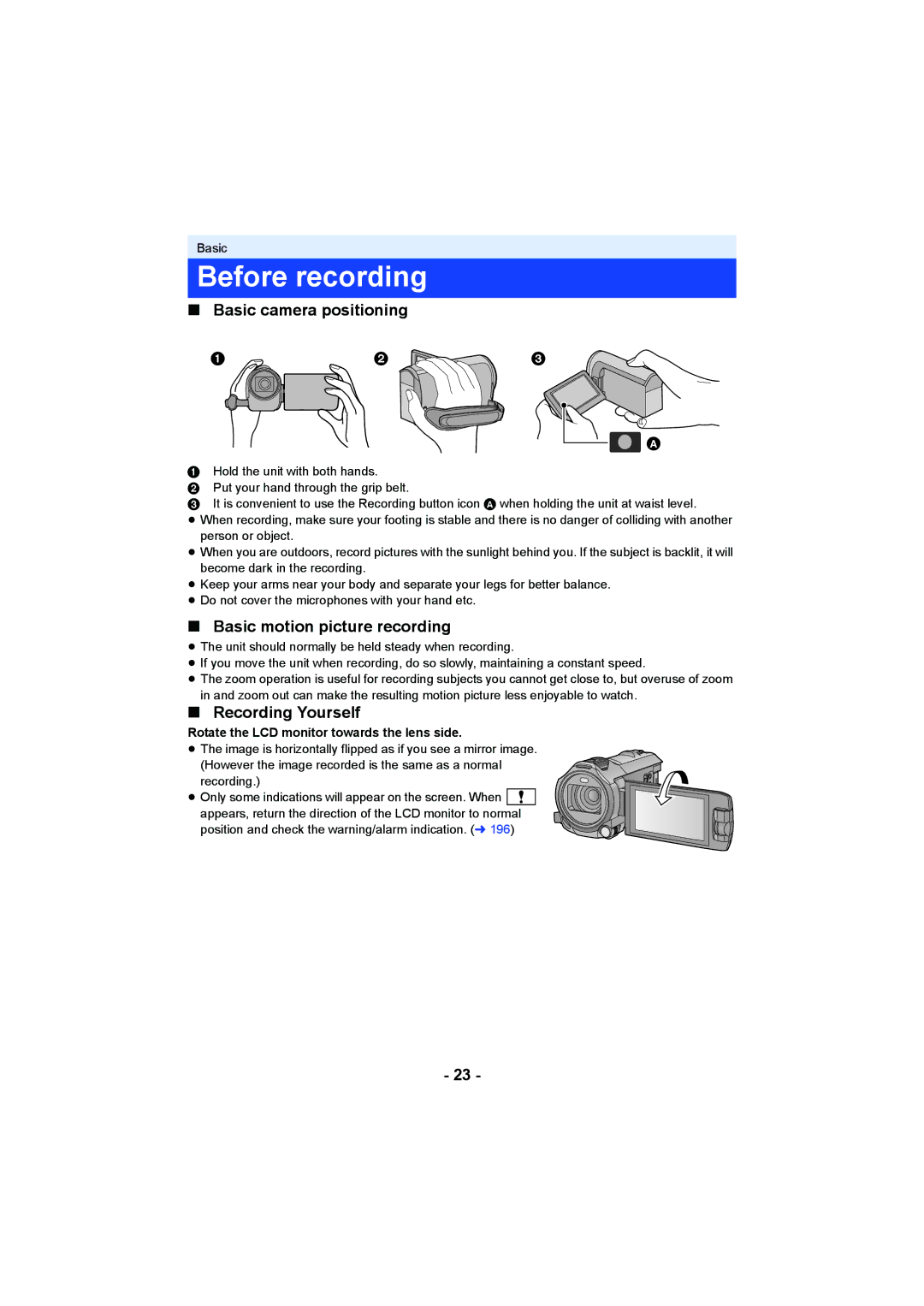 Panasonic HC-W850 Before recording, Basic camera positioning, Basic motion picture recording, Recording Yourself,    