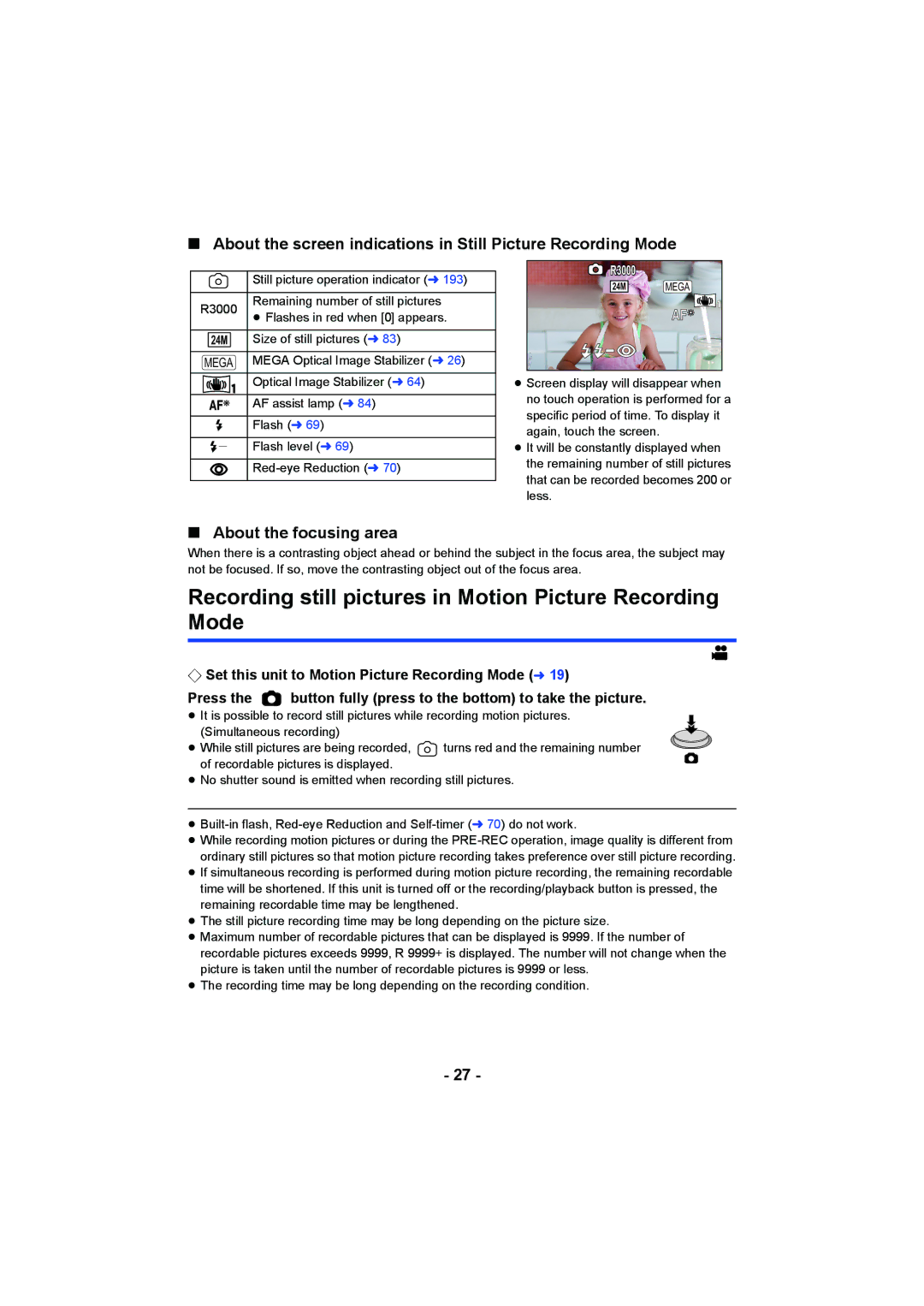 Panasonic HC-W850, HC-V750 owner manual Recording still pictures in Motion Picture Recording Mode, About the focusing area 