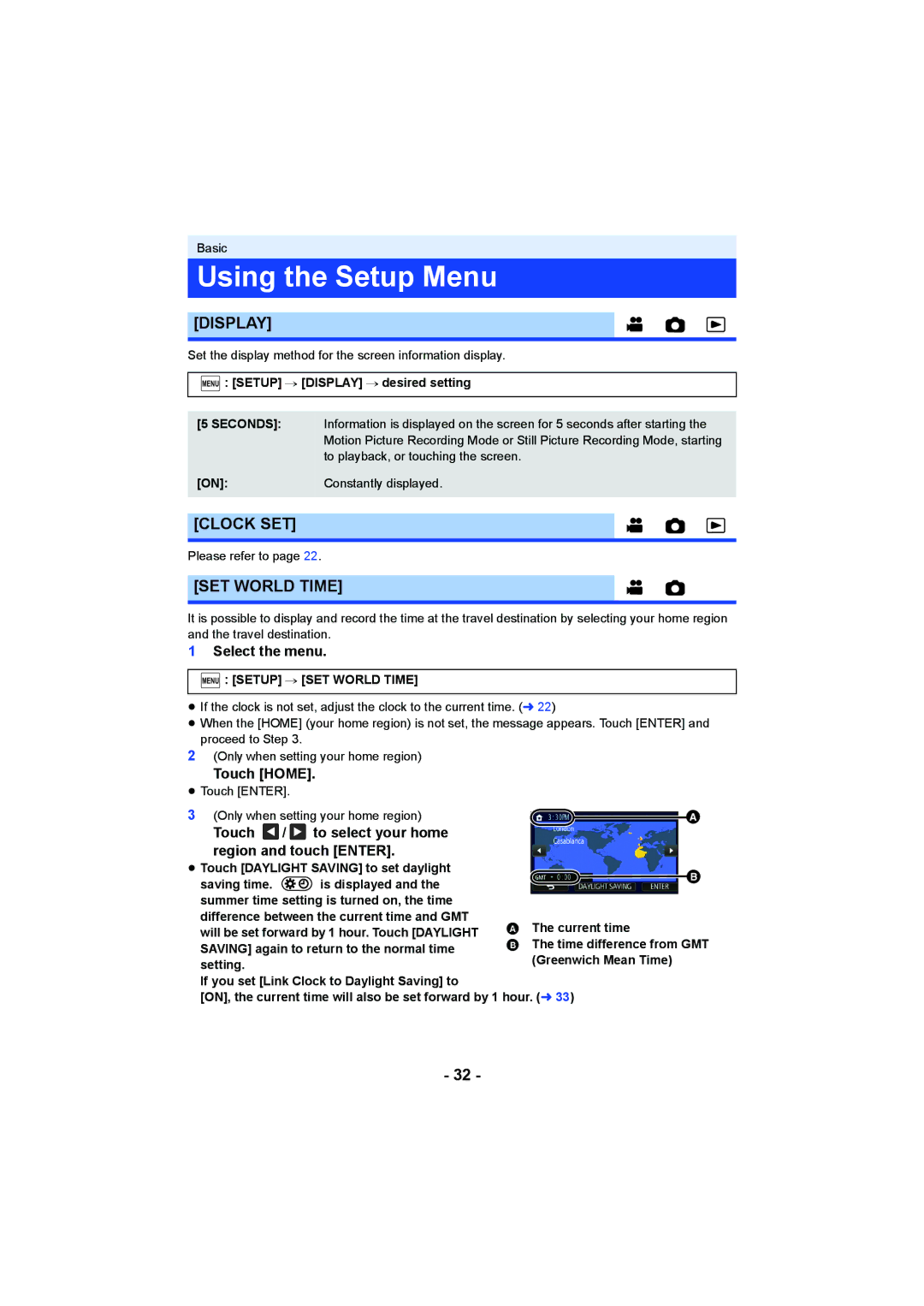 Panasonic HC-V750, HC-W850 owner manual Using the Setup Menu, Display, Clock SET, SET World Time 