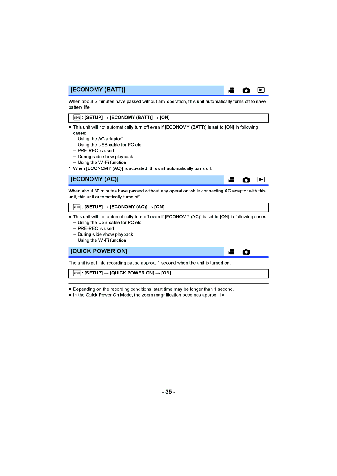 Panasonic HC-W850, HC-V750 owner manual Economy Batt, Economy AC, Quick Power on 