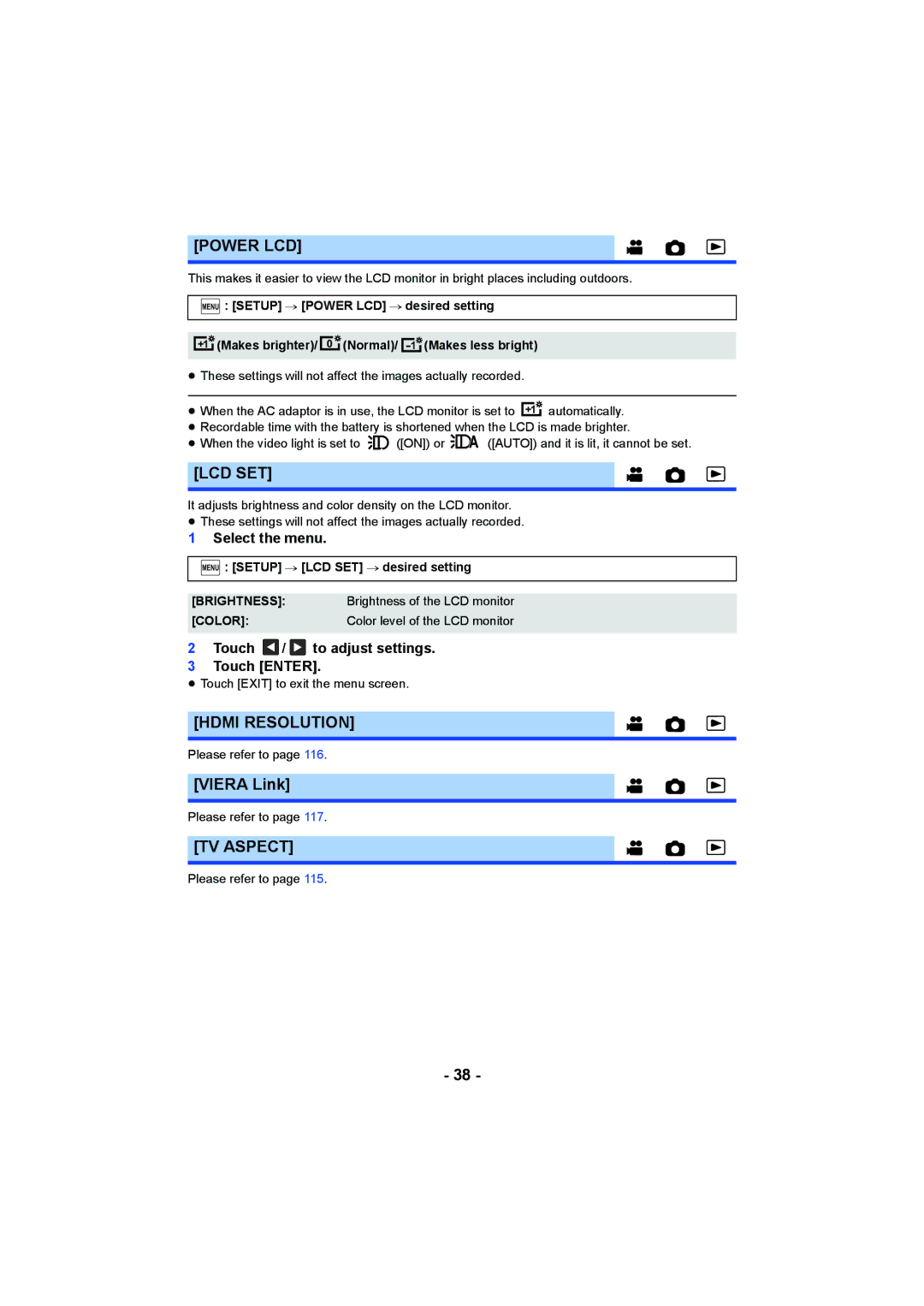 Panasonic HC-V750, HC-W850 owner manual Power LCD, Lcd Set, Hdmi Resolution, Viera Link, TV Aspect 