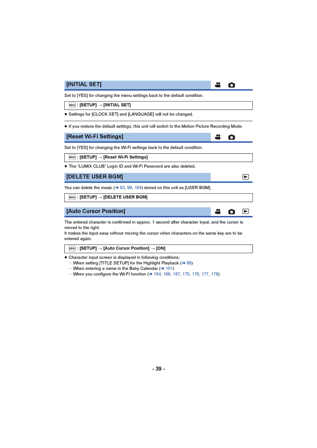 Panasonic HC-W850, HC-V750 owner manual Initial SET, Reset Wi-Fi Settings, Delete User BGM, Auto Cursor Position 