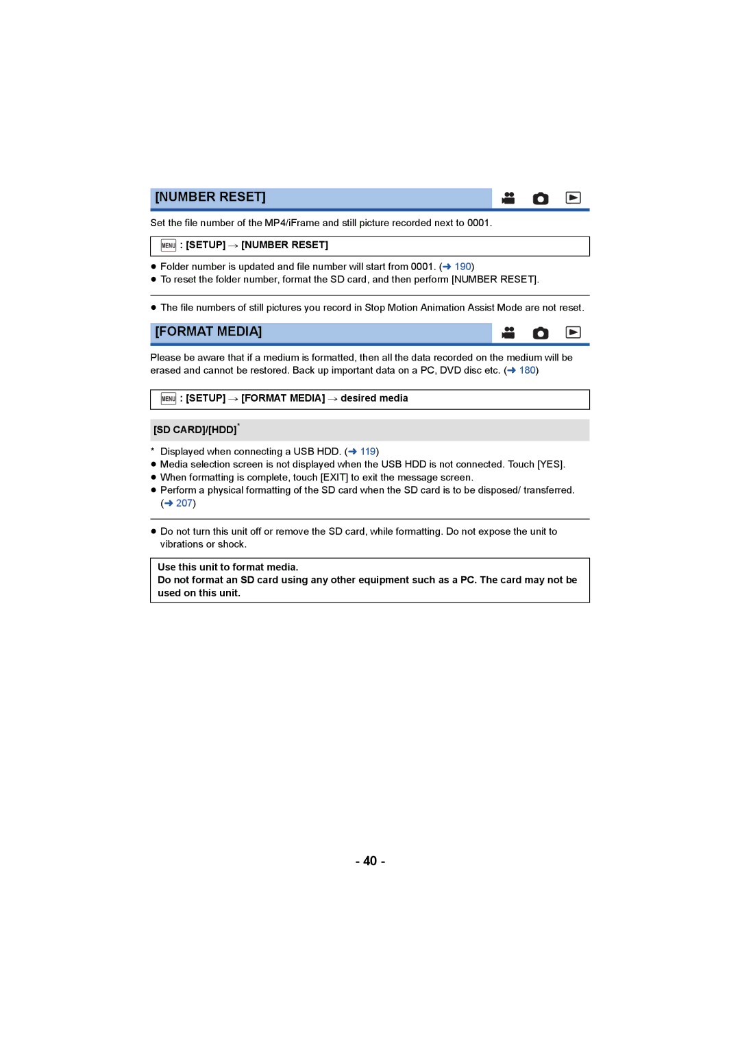 Panasonic HC-V750, HC-W850 Menu Setup # Number Reset, Menu Setup # Format Media # desired media, Sd Card/Hdd 