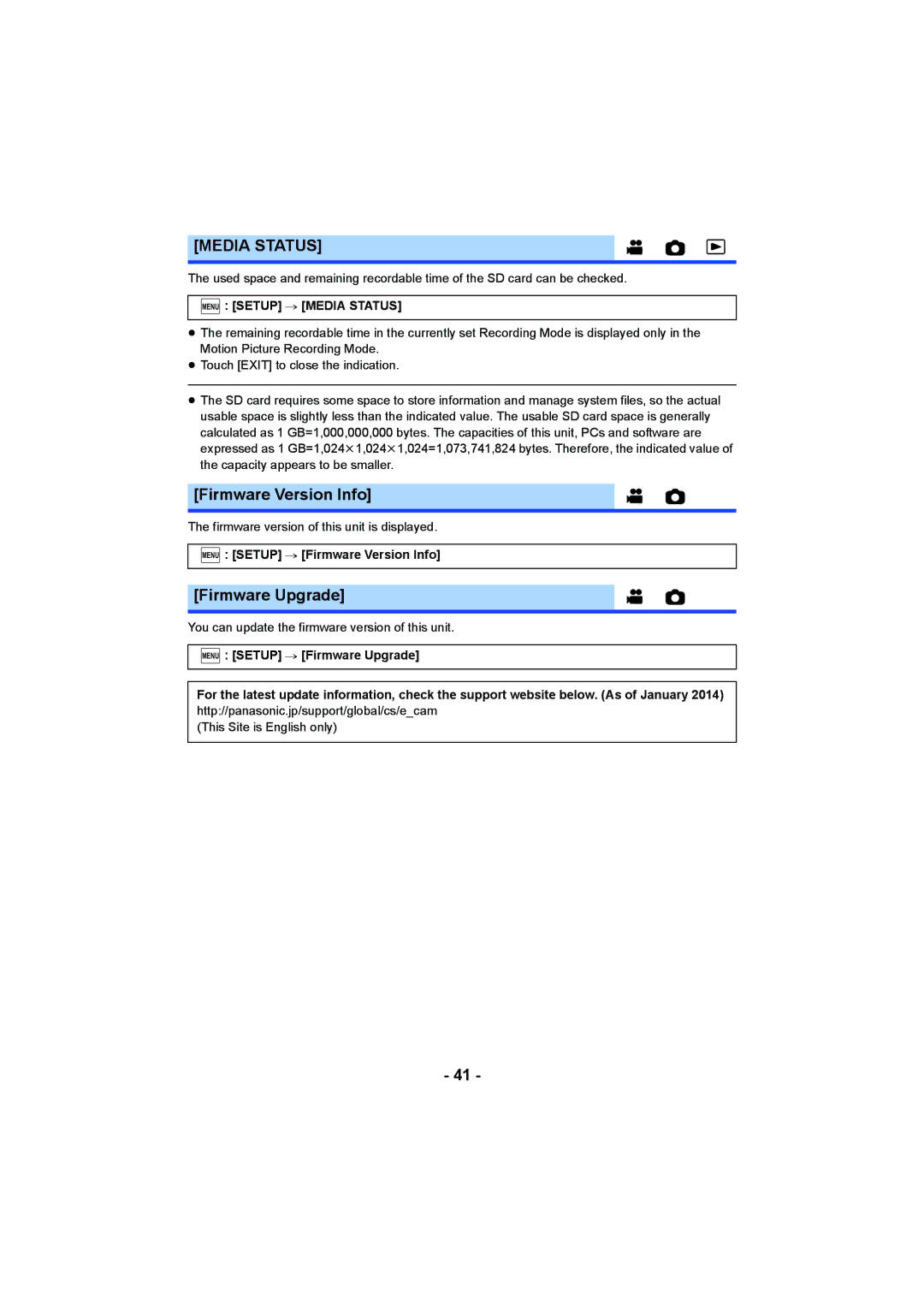 Panasonic HC-W850, HC-V750 owner manual Firmware Version Info, Firmware Upgrade, Menu Setup # Media Status 