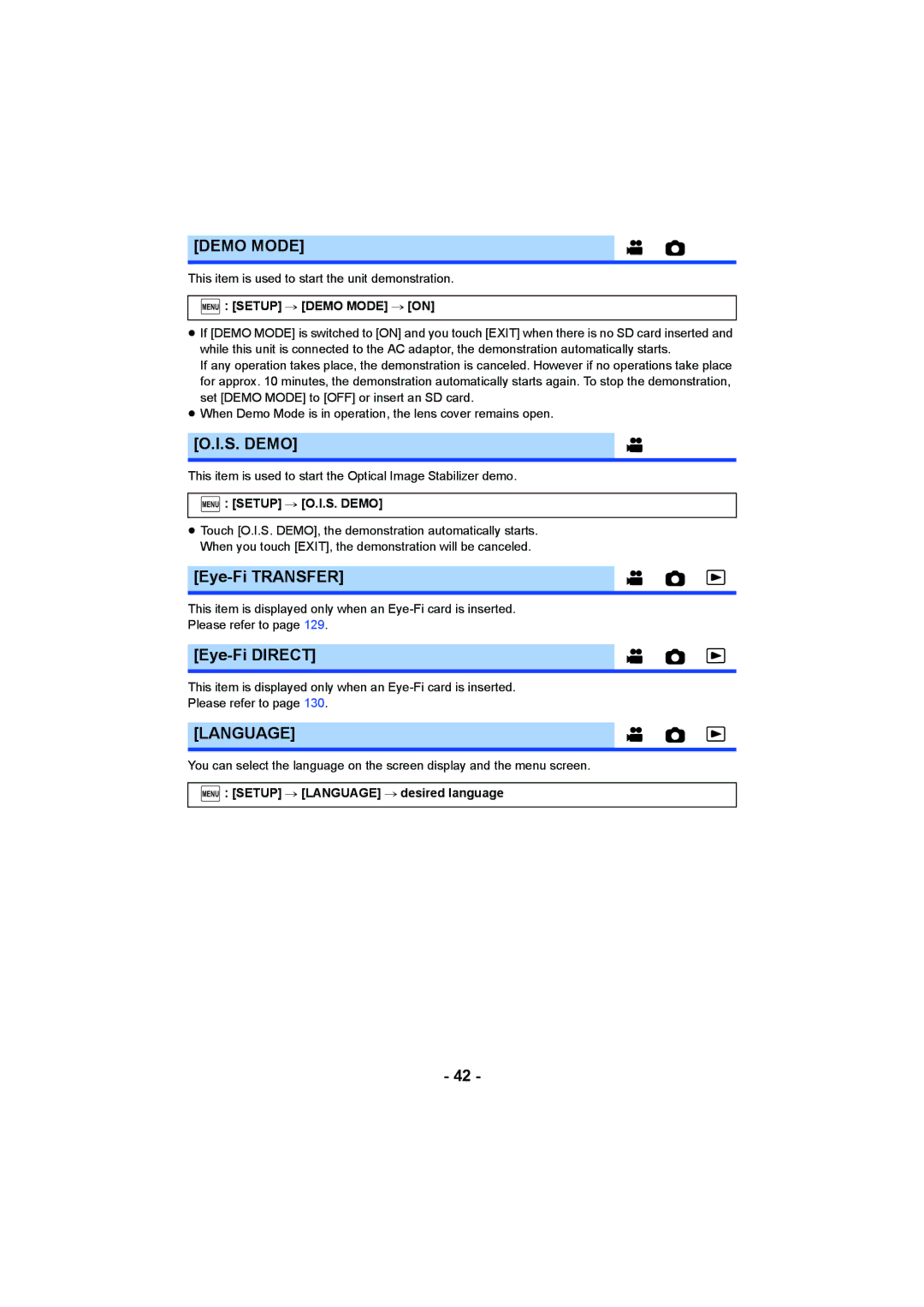 Panasonic HC-V750, HC-W850 owner manual Demo Mode, S. Demo, Eye-Fi Transfer, Eye-Fi Direct, Language 