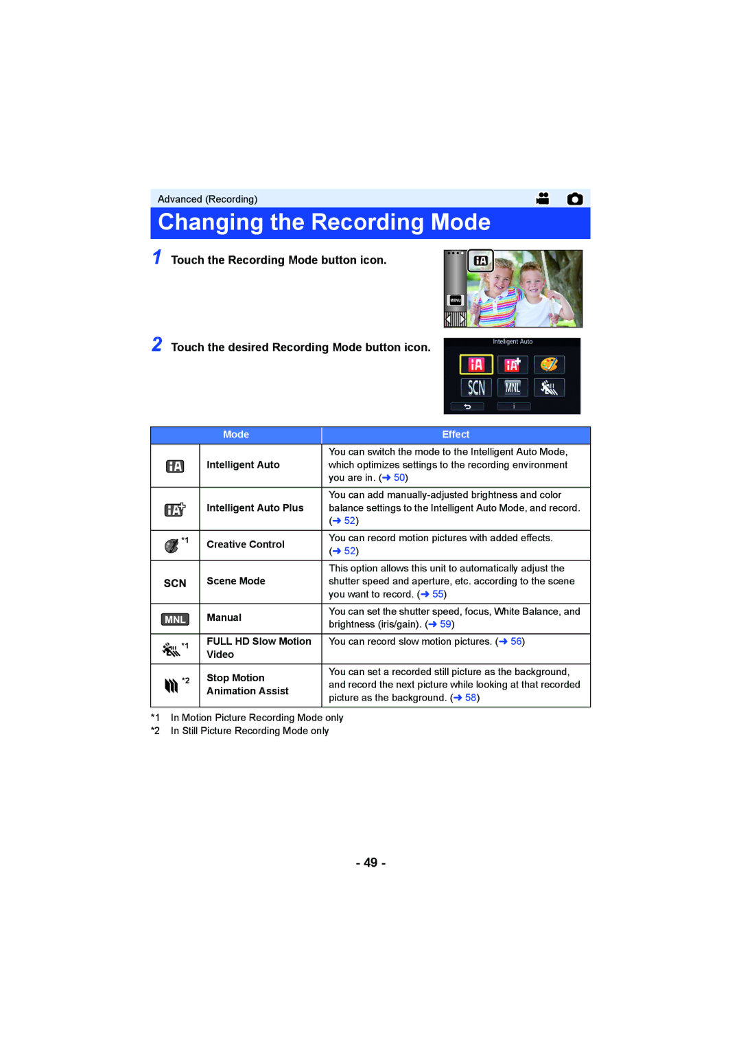 Panasonic HC-W850, HC-V750 owner manual Changing the Recording Mode, Touch the Recording Mode button icon, Mode Effect 