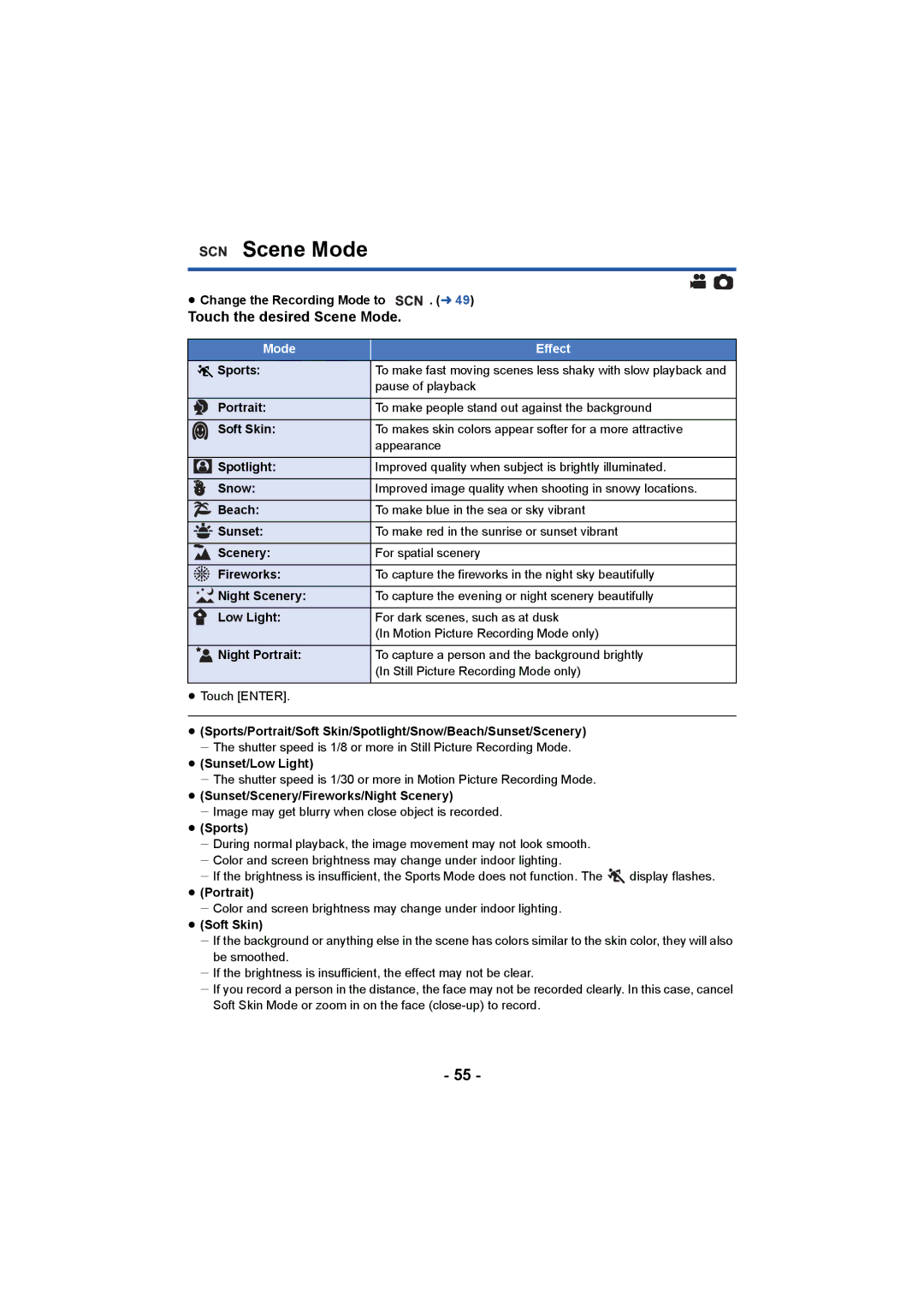 Panasonic HC-W850, HC-V750 owner manual Touch the desired Scene Mode 