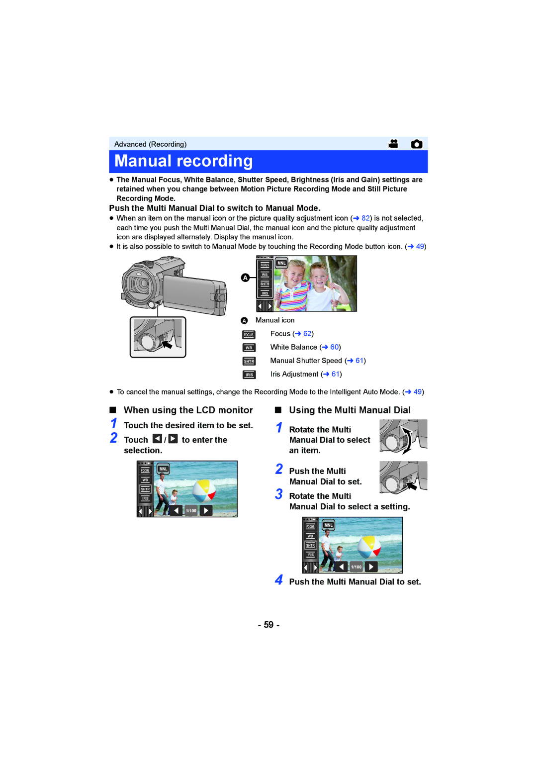 Panasonic HC-W850, HC-V750 owner manual Manual recording,  Wb, When using the LCD monitor, Using the Multi Manual Dial 