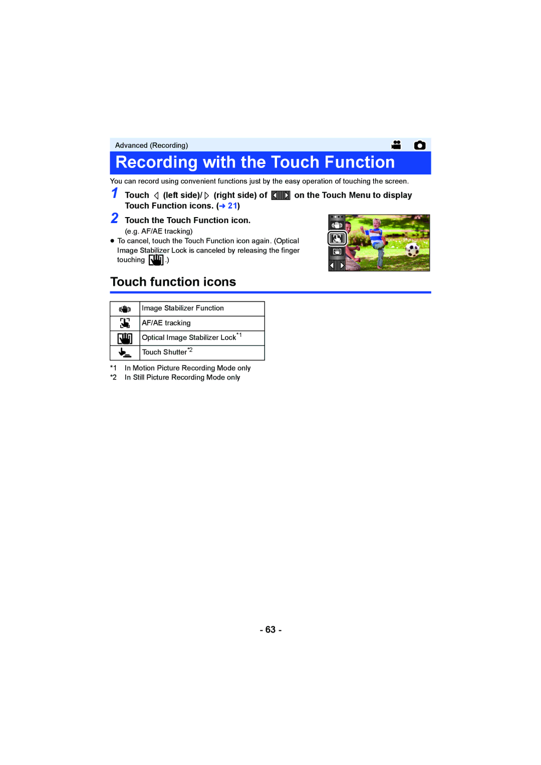 Panasonic HC-W850, HC-V750 owner manual Recording with the Touch Function, Touch function icons 