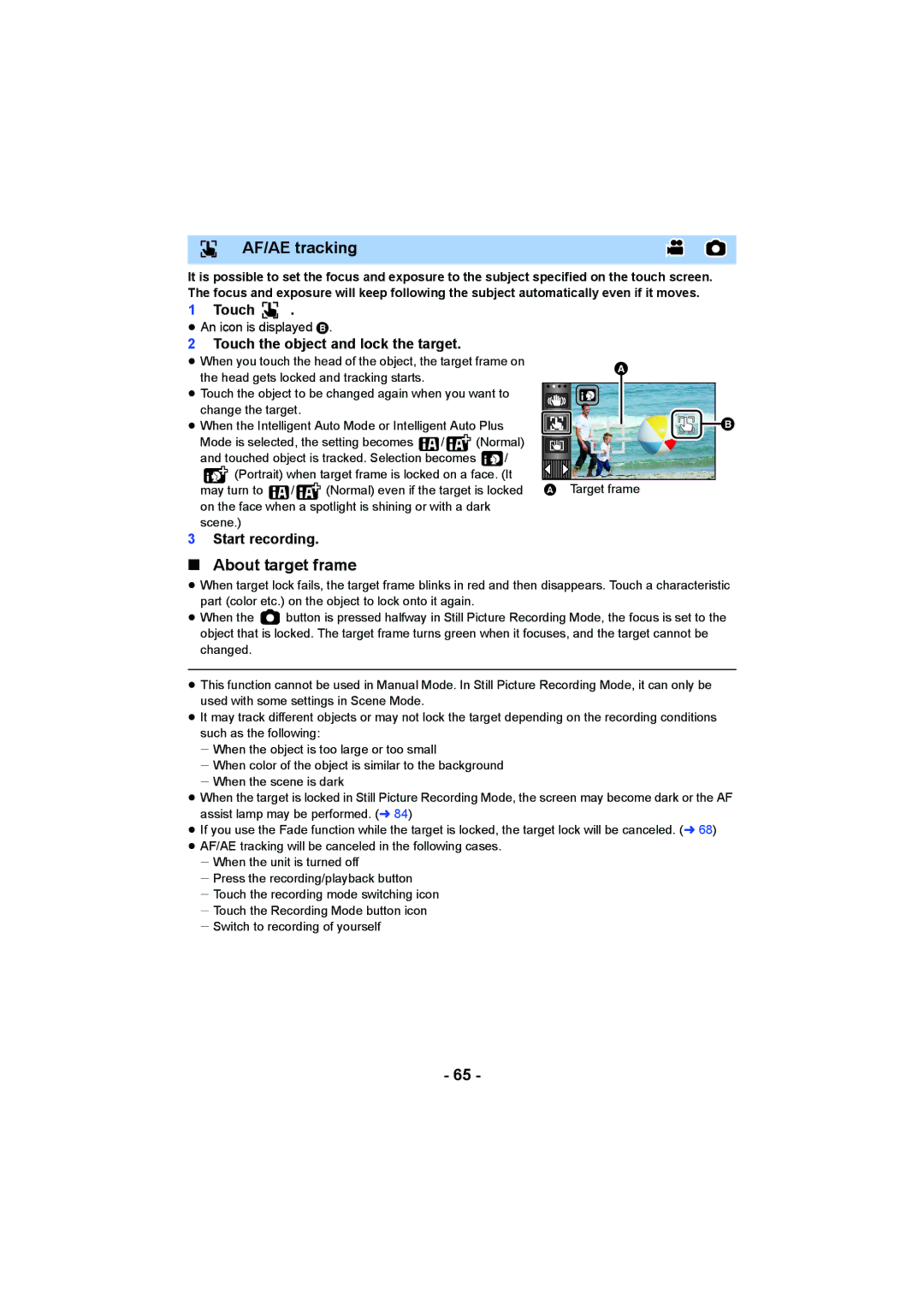 Panasonic HC-W850, HC-V750 owner manual AF/AE tracking, About target frame, Touch the object and lock the target 